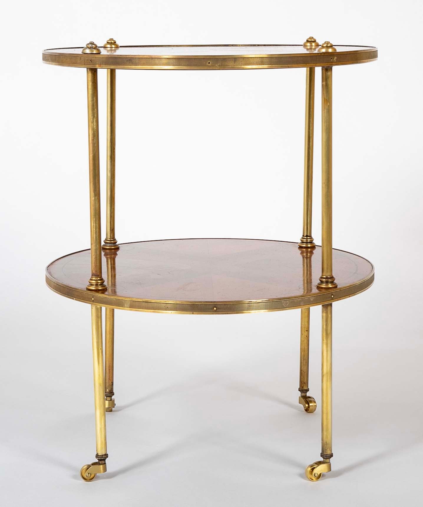 Pair of Brass Trimmed Yew Wood Two Tiered Tables
