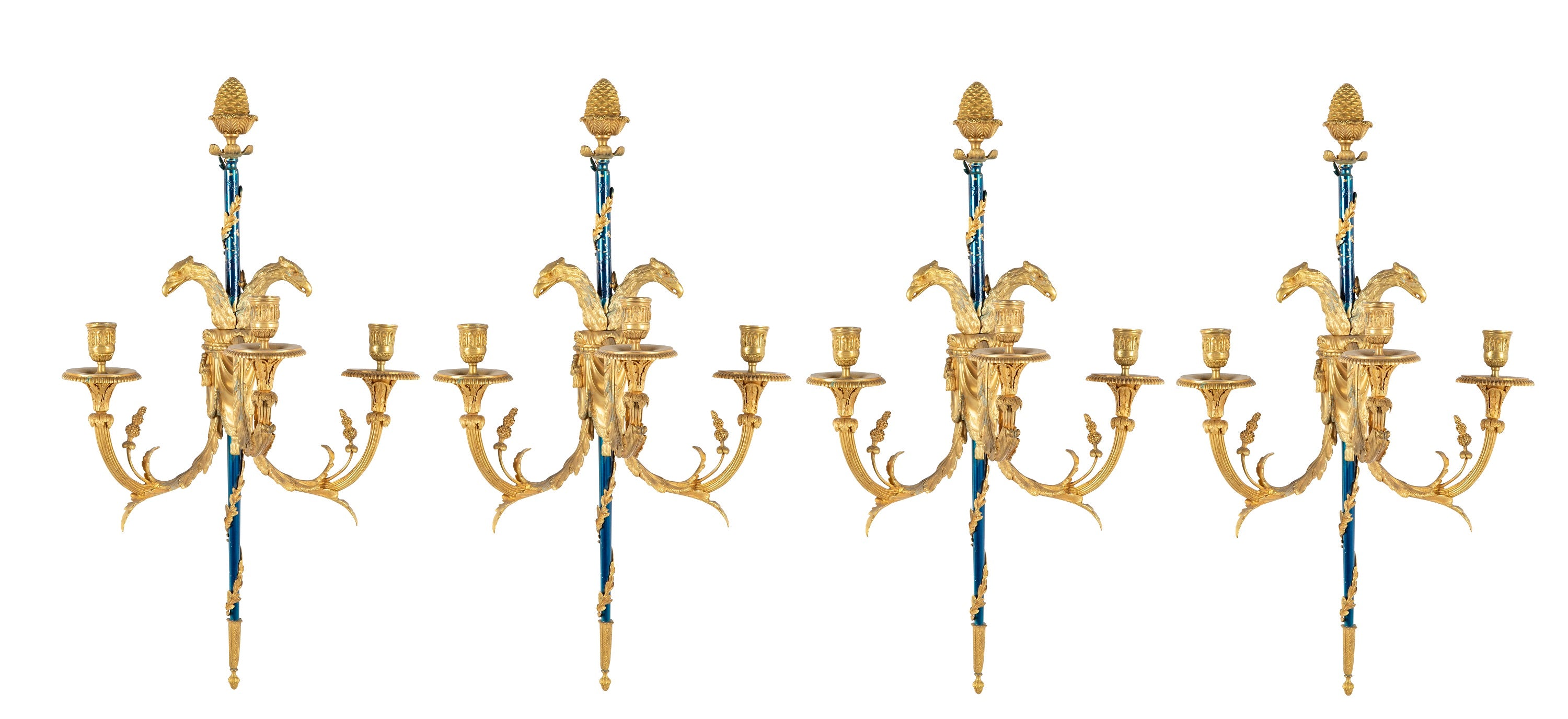 Set of Four Louis XVI Bronze and Cobalt Blue Sconces