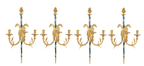 Set of Four Louis XVI Bronze and Cobalt Blue Sconces