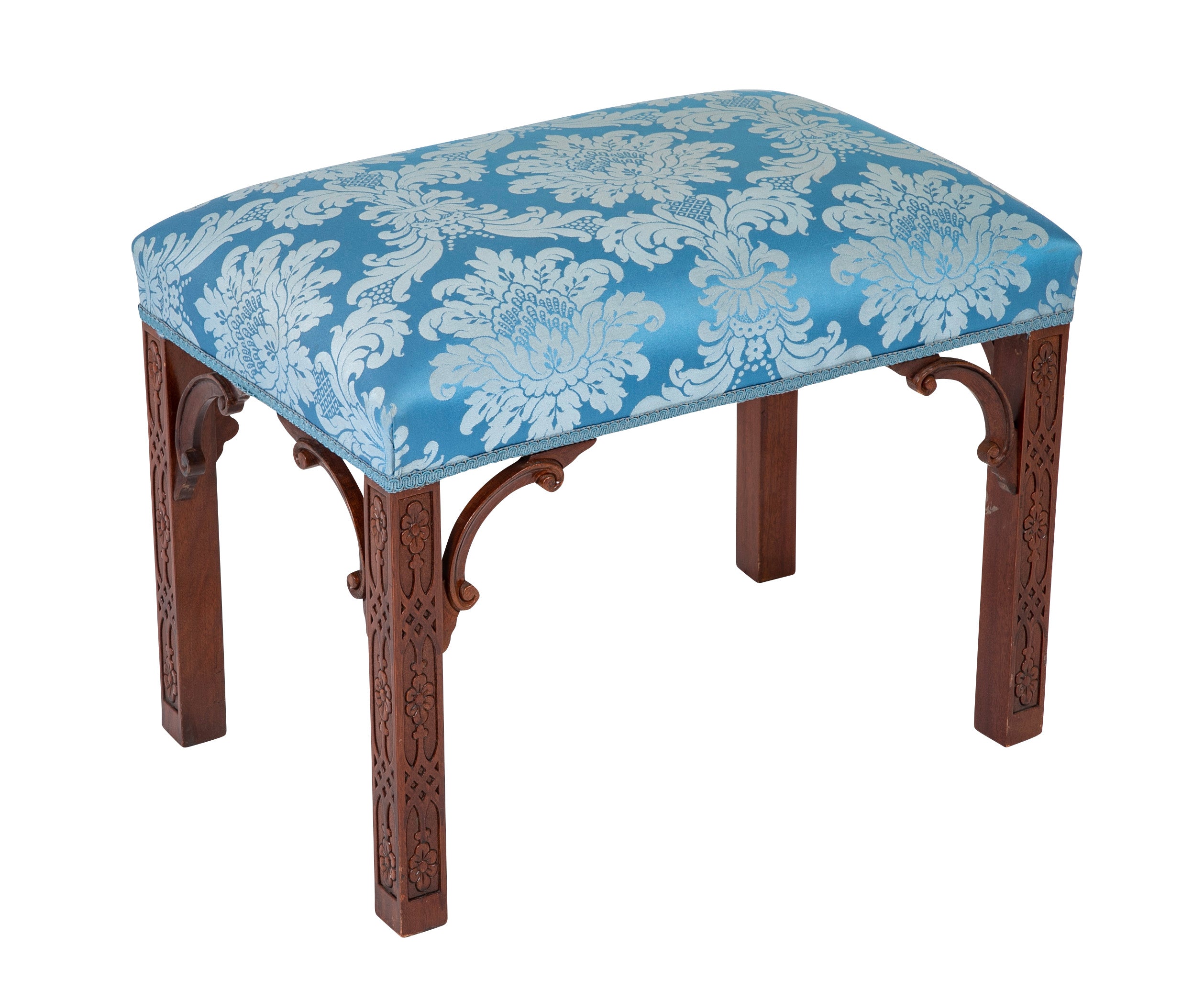George III Style Blind Fret Corner Bracket Upholstered Stool