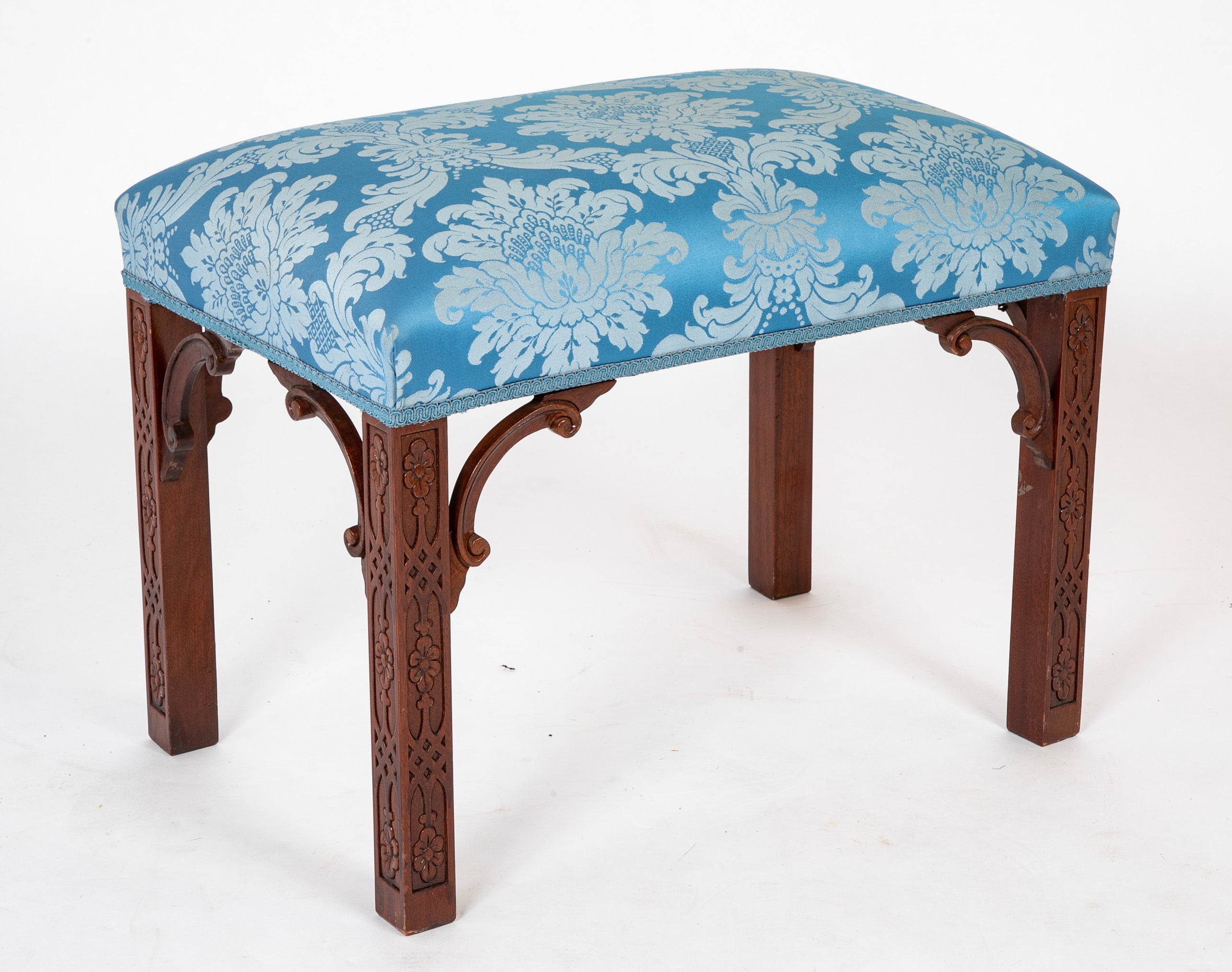 George III Style Blind Fret Corner Bracket Upholstered Stool