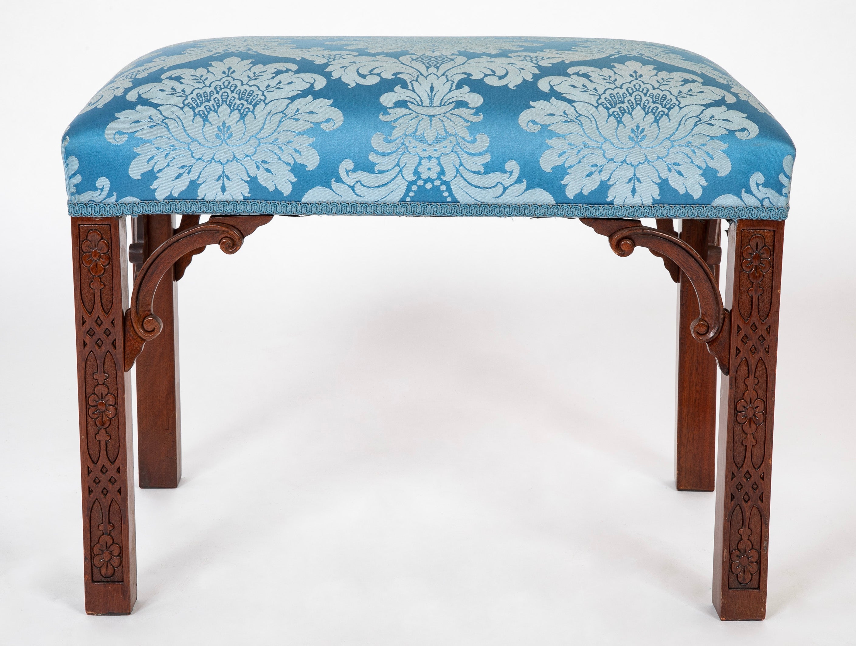 George III Style Blind Fret Corner Bracket Upholstered Stool