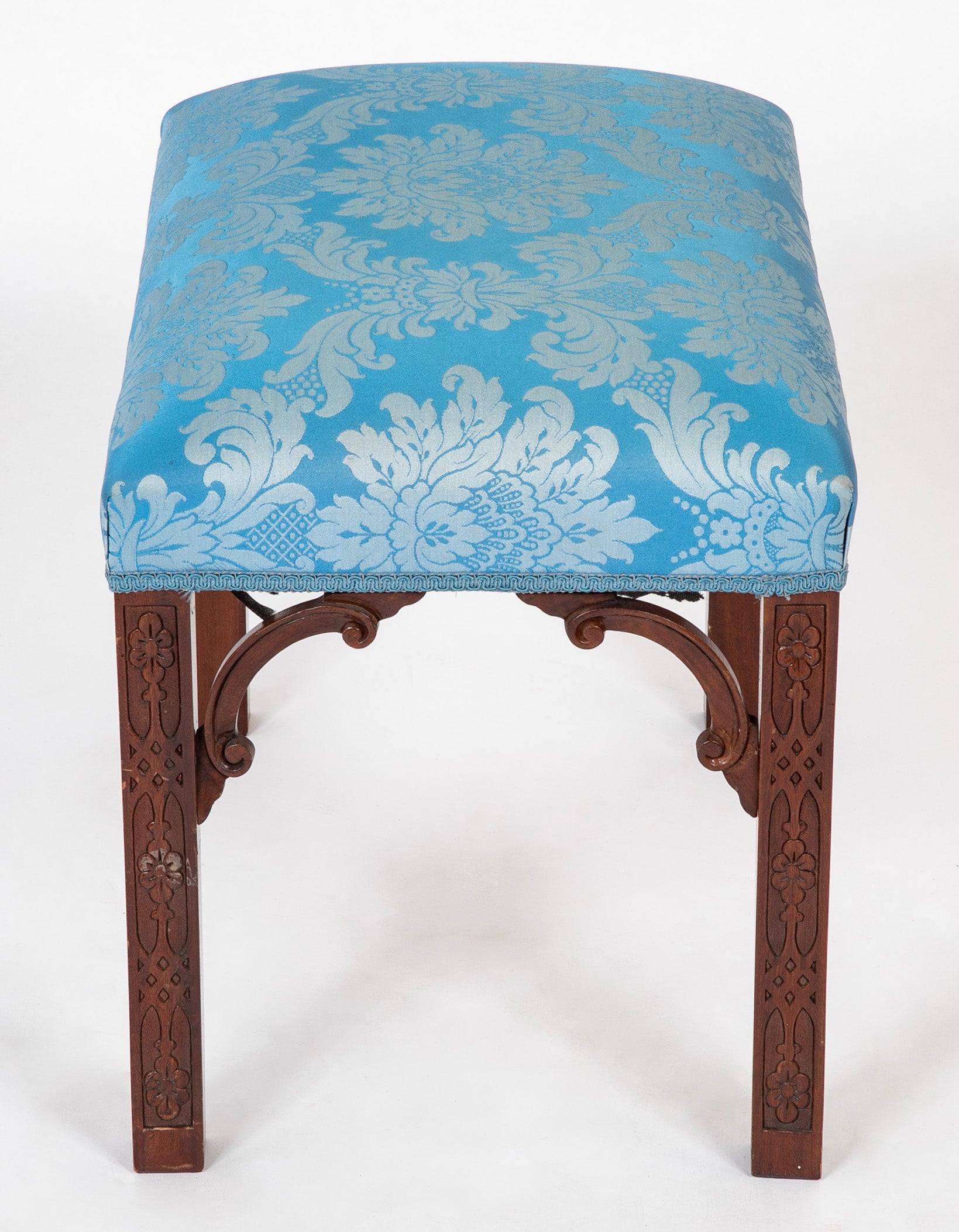 George III Style Blind Fret Corner Bracket Upholstered Stool