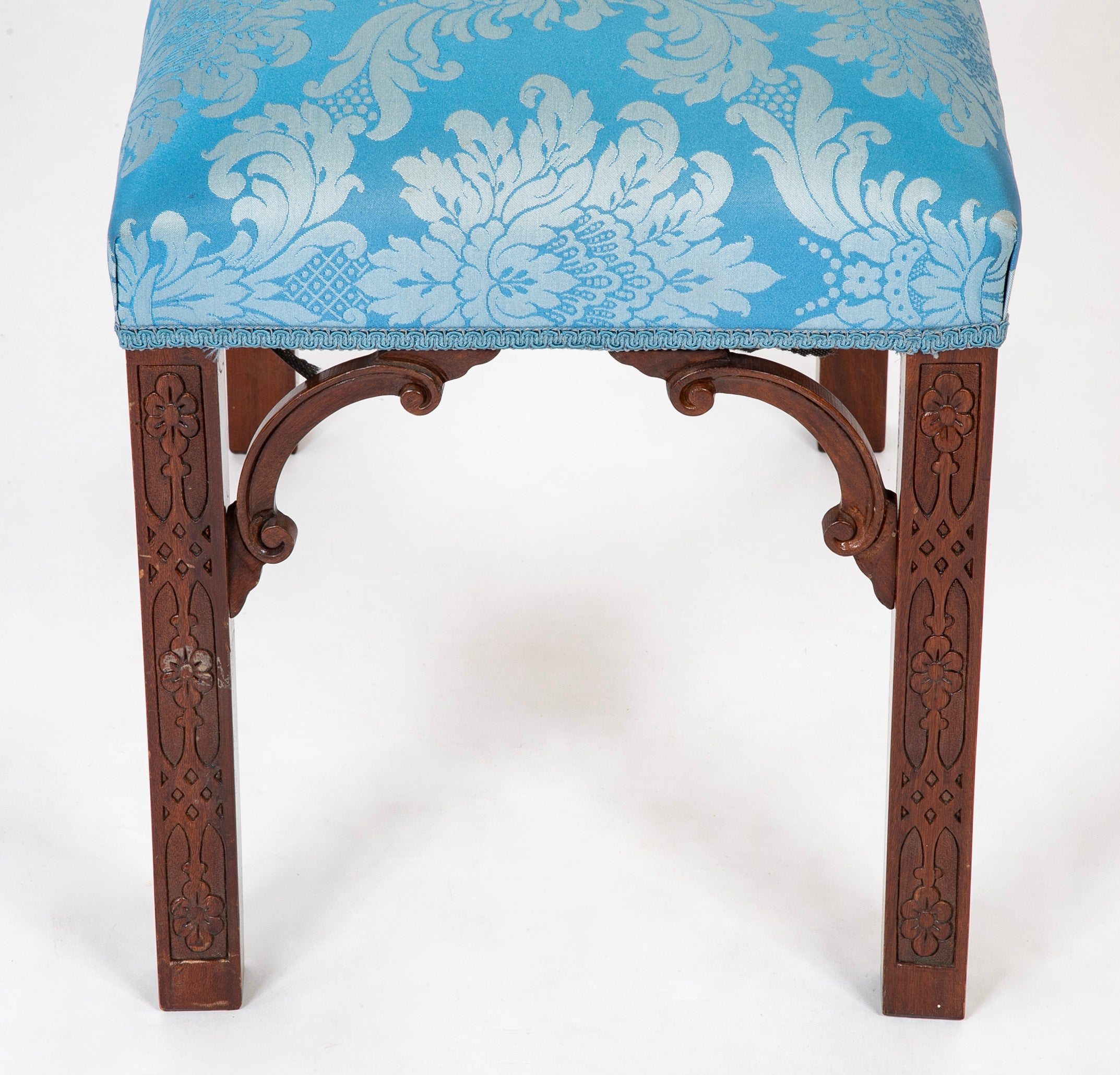 George III Style Blind Fret Corner Bracket Upholstered Stool