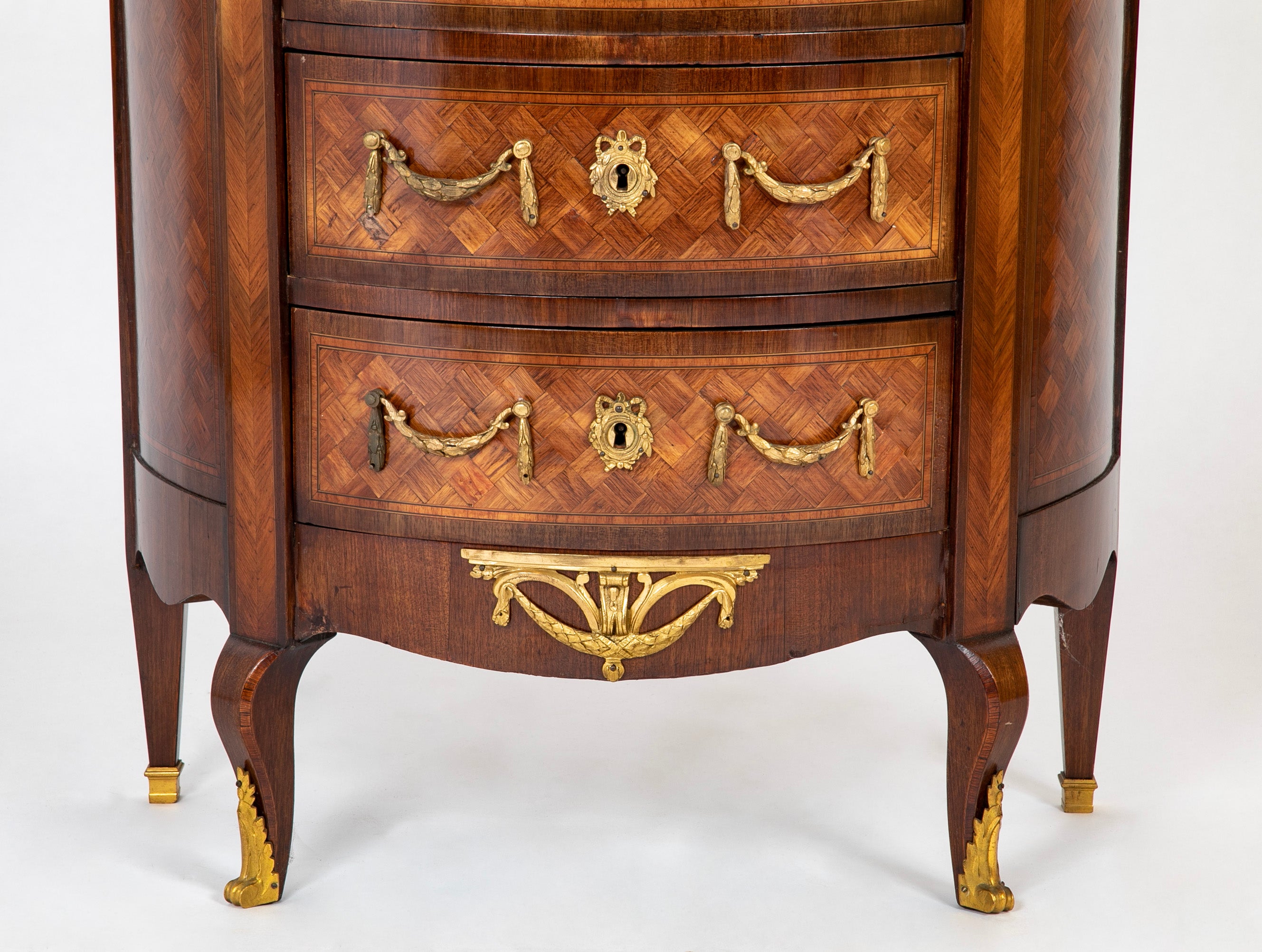 French Louis XV - XVI Marble Top Three Drawer Demilune Commode