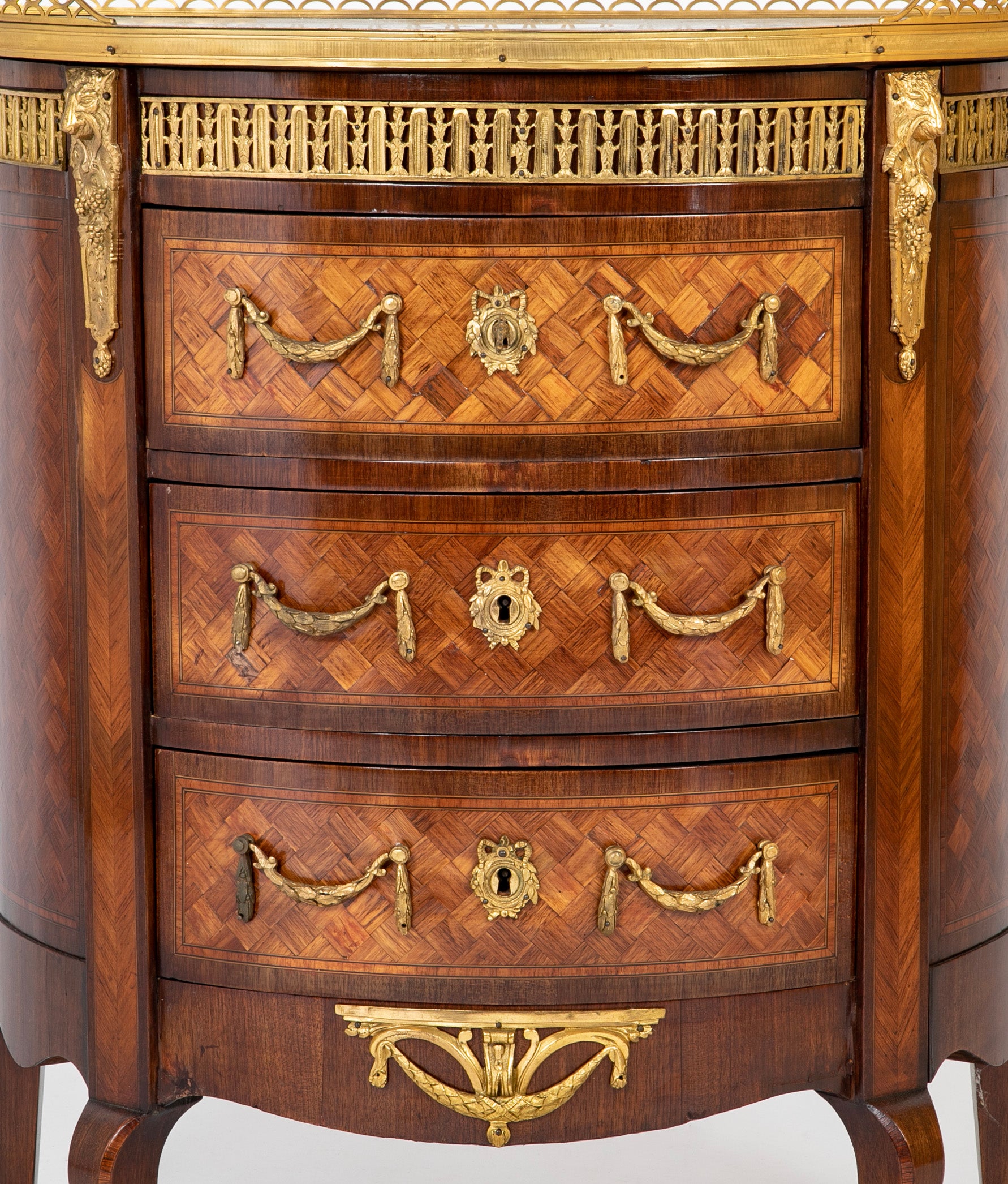 French Louis XV - XVI Marble Top Three Drawer Demilune Commode