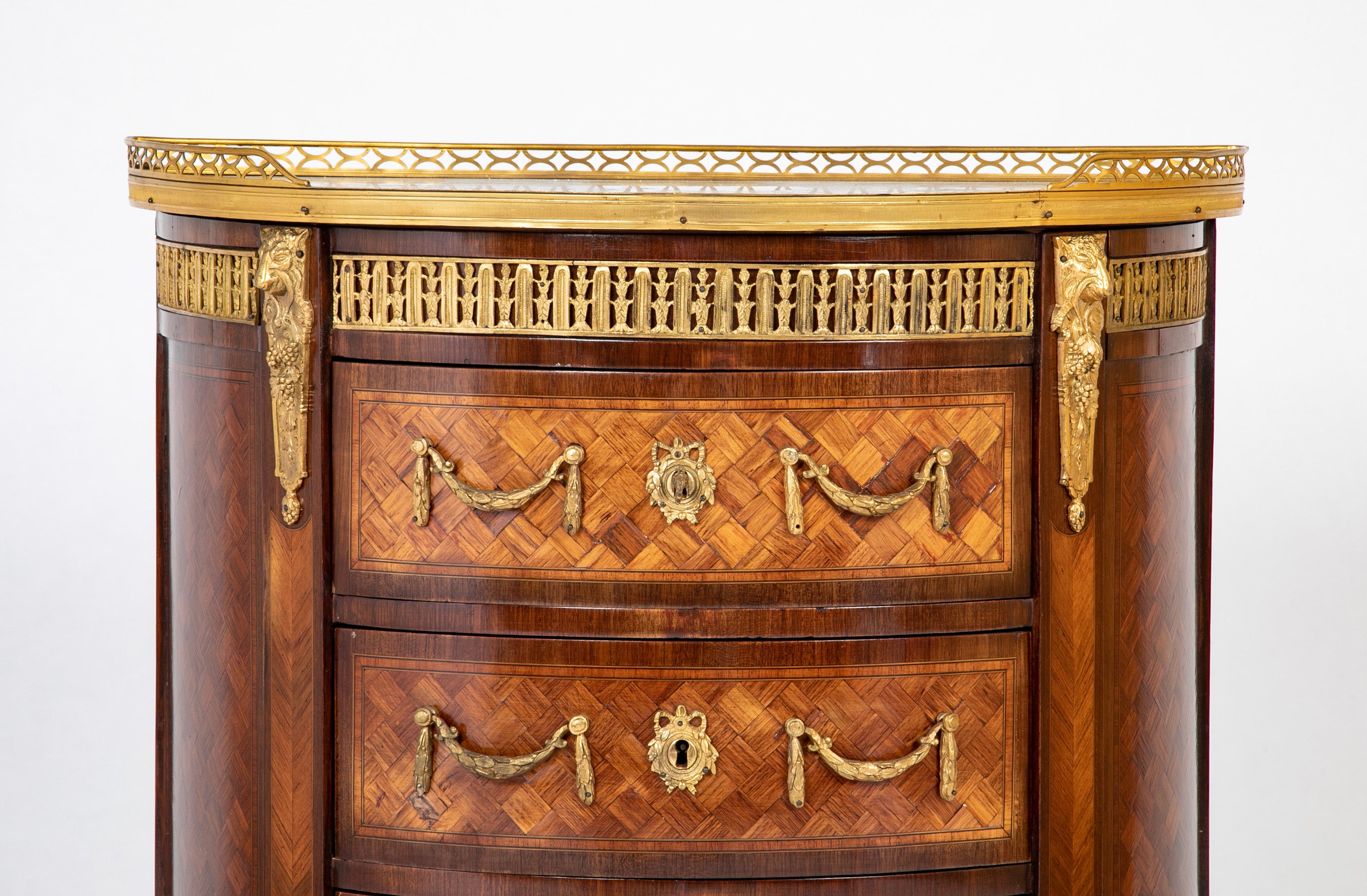 French Louis XV - XVI Marble Top Three Drawer Demilune Commode