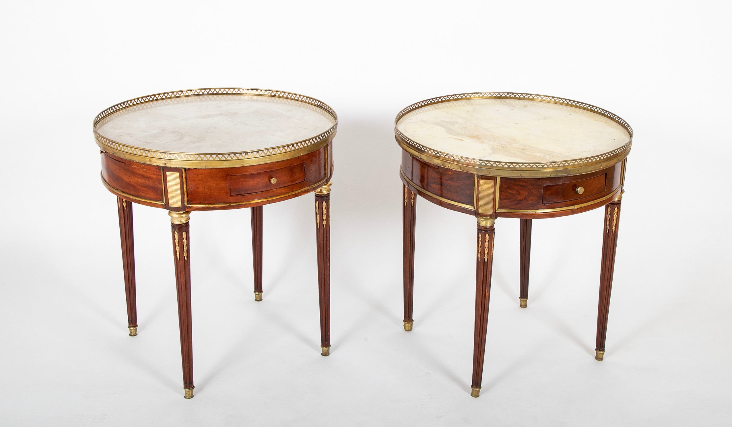 Late 18th Century Matched Pair of Louis XVI Marble Top Bouillotte Tables with Slides & Drawers