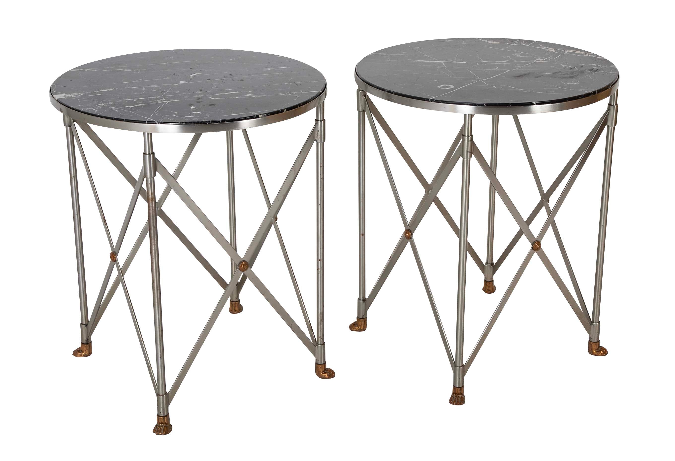 A Pair of Steel & Brass 'X' Form Marble Top Gueridons