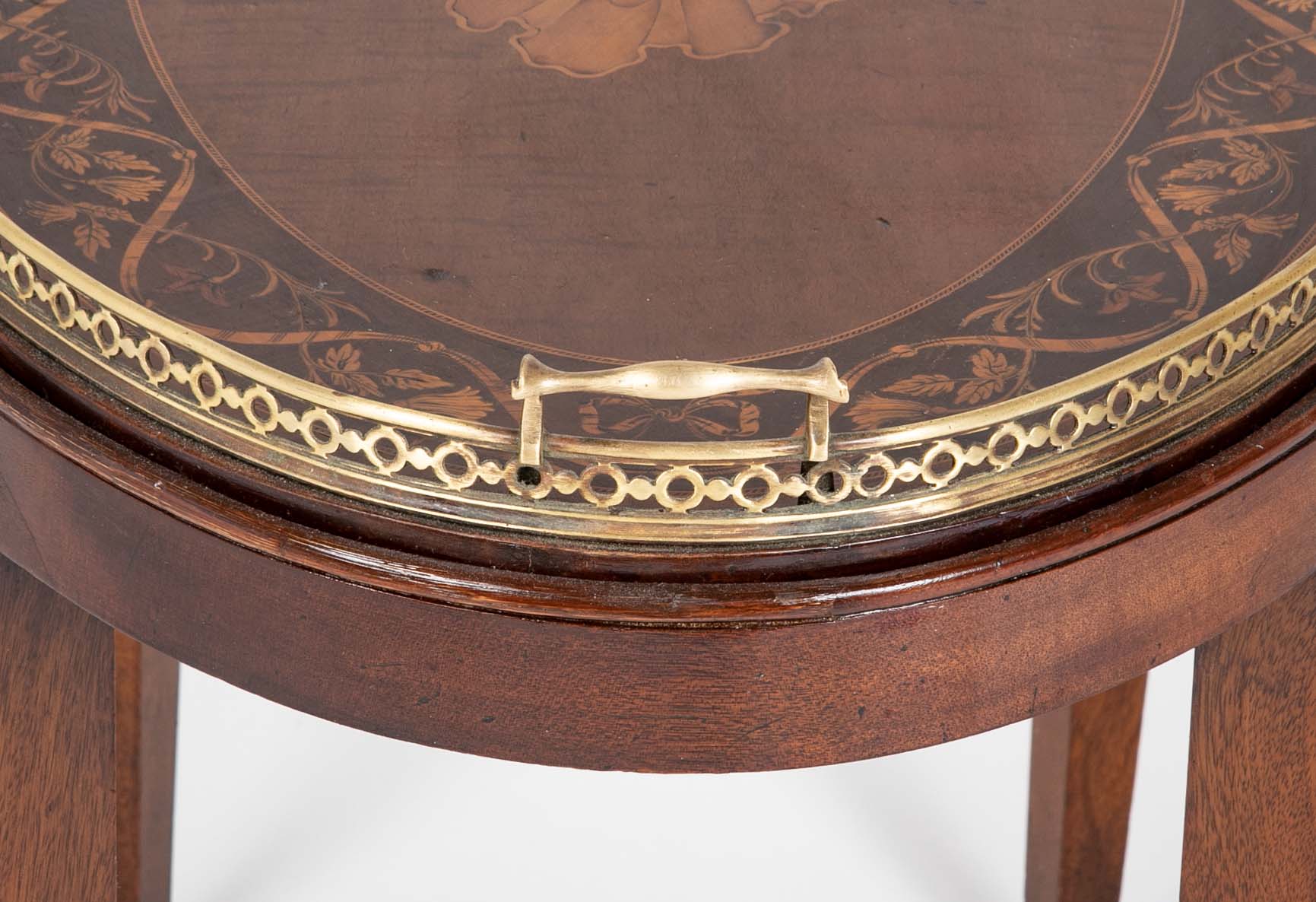 Satinwood Inlaid Brass Gallery Oval Tray on Stand with Elaborate Inlaid Border