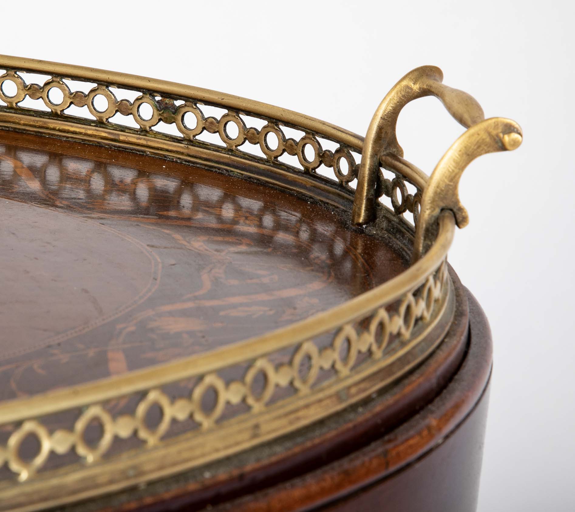 Satinwood Inlaid Brass Gallery Oval Tray on Stand with Elaborate Inlaid Border