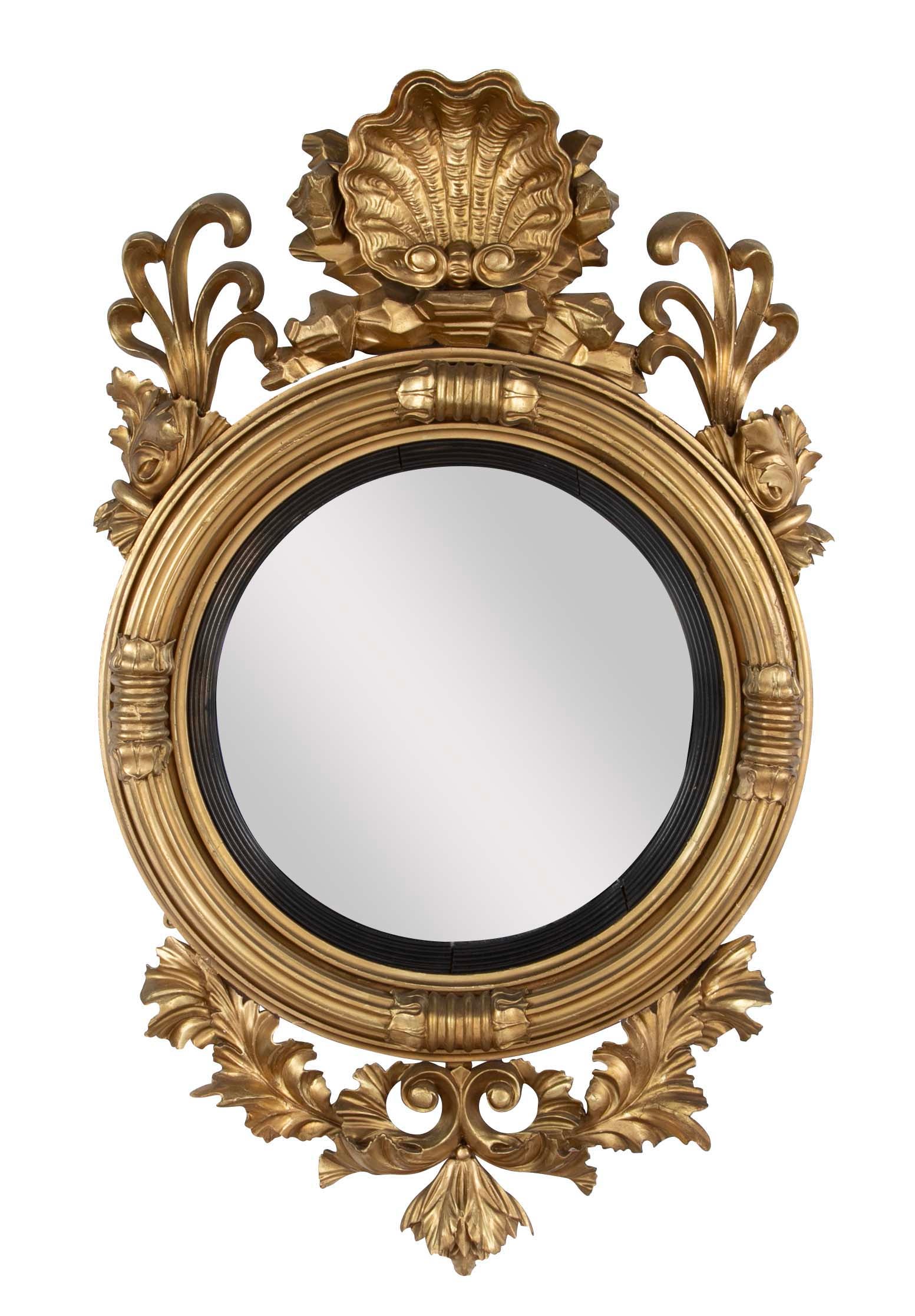 Classical 19th Century Giltwood Convex Mirror with Shell Surmount