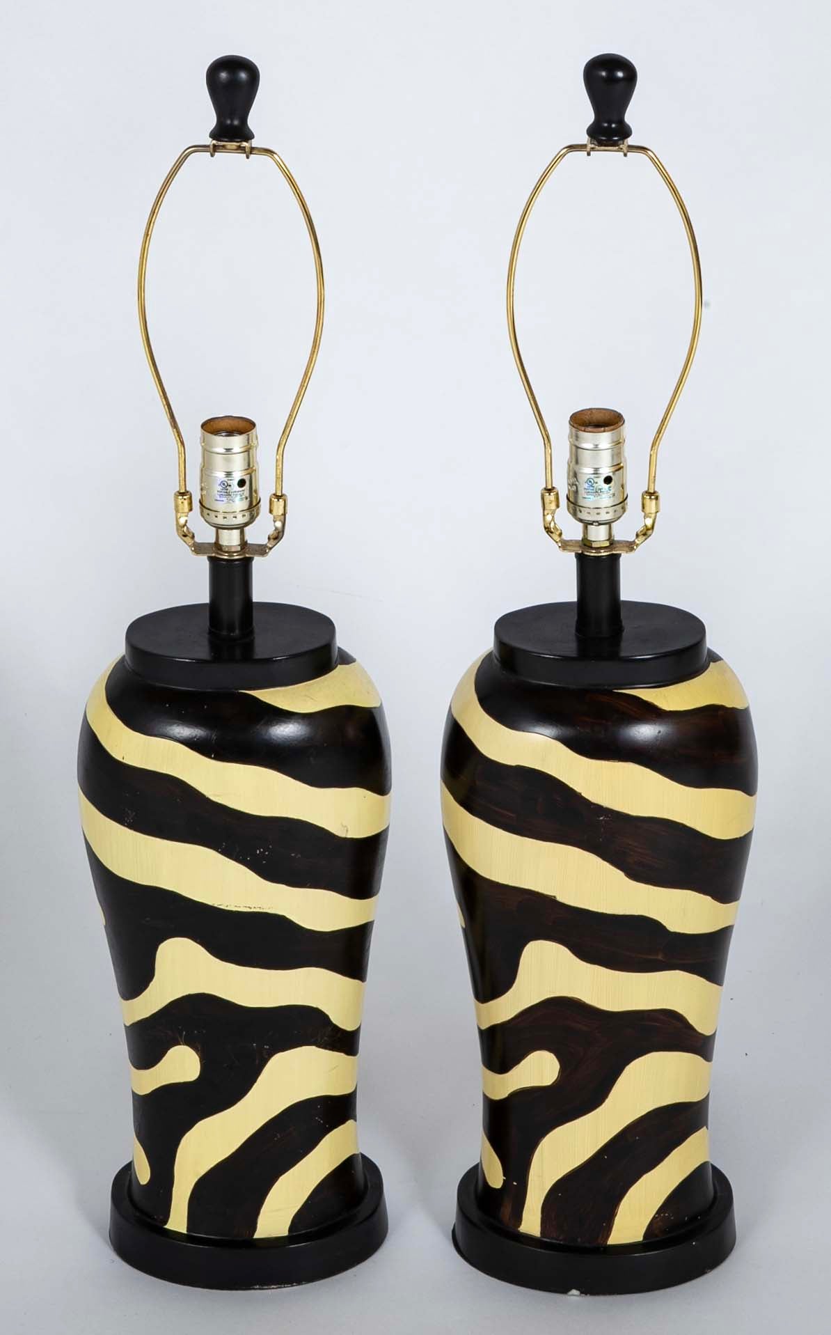 Pair of Mid-Century Zebra Decorated Lamps with Matching Finials