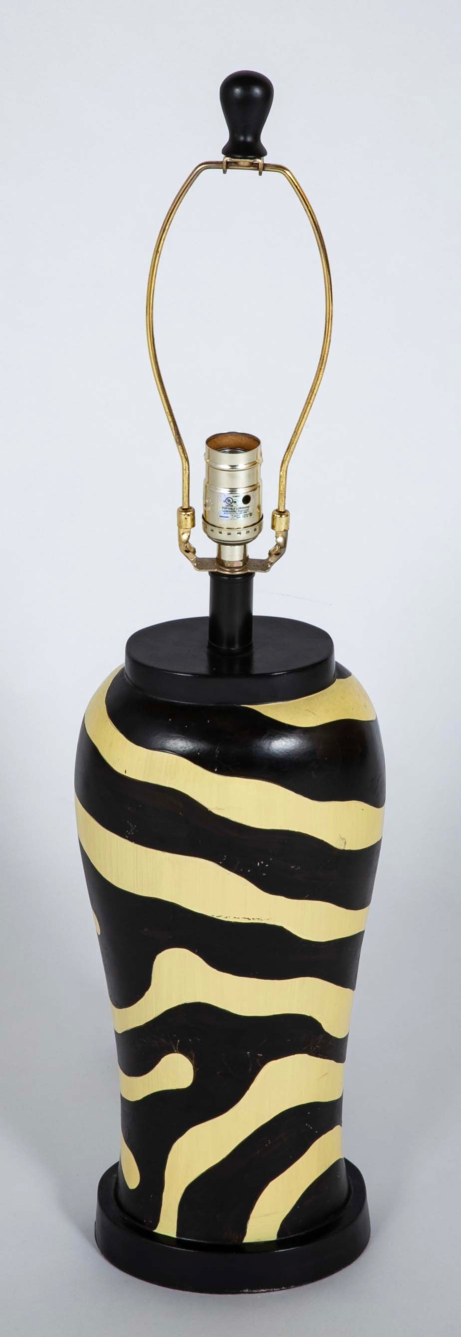 Pair of Mid-Century Zebra Decorated Lamps with Matching Finials