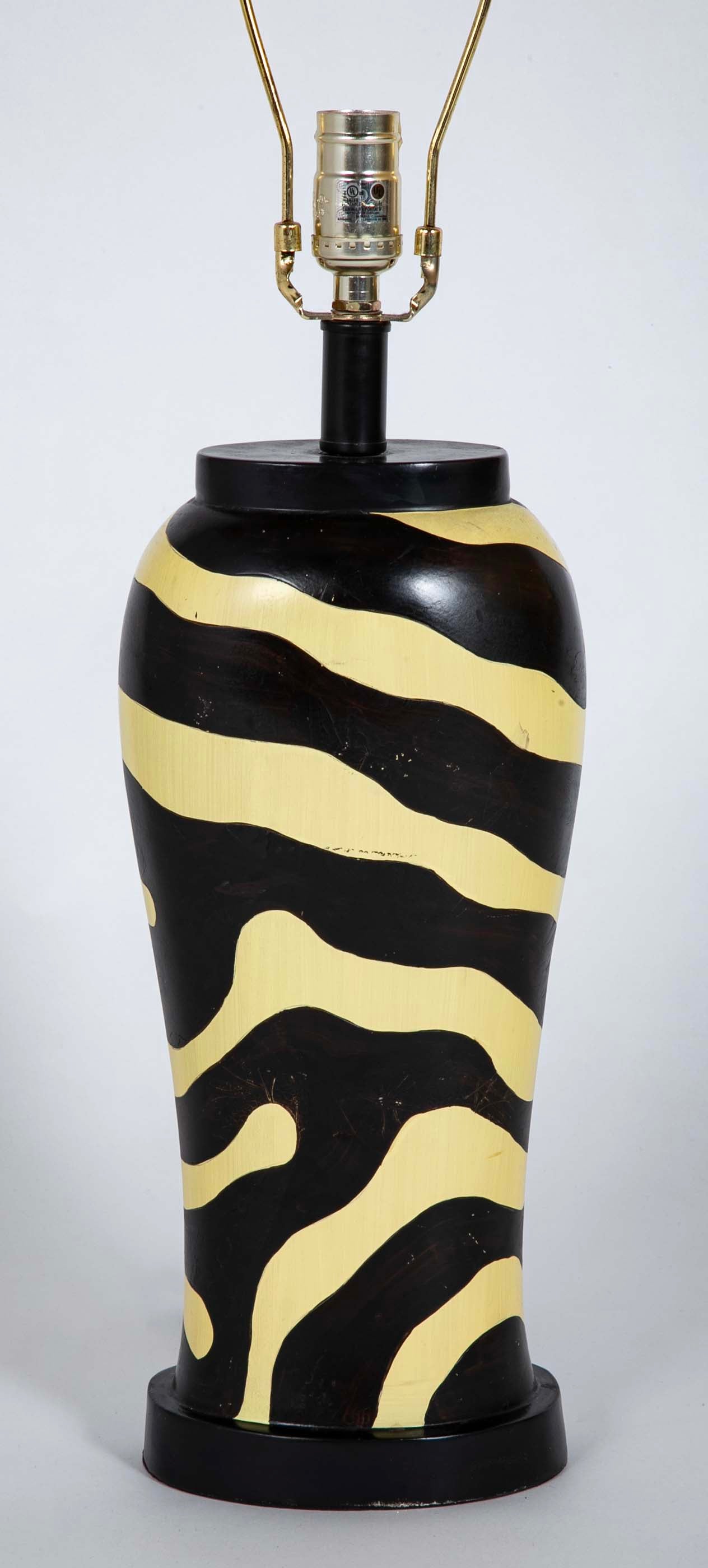 Pair of Mid-Century Zebra Decorated Lamps with Matching Finials