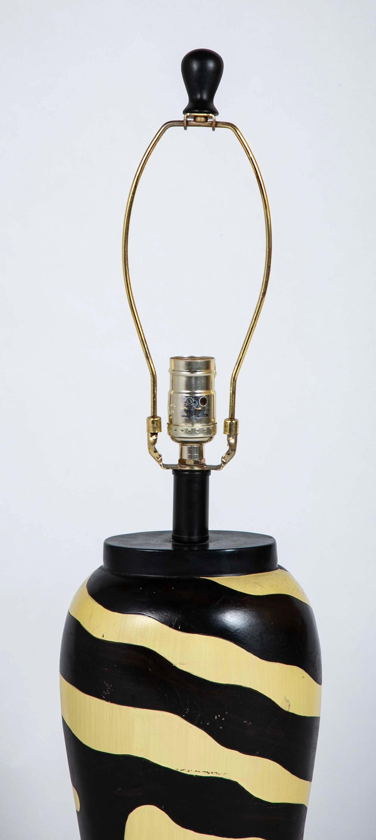 Pair of Mid-Century Zebra Decorated Lamps with Matching Finials