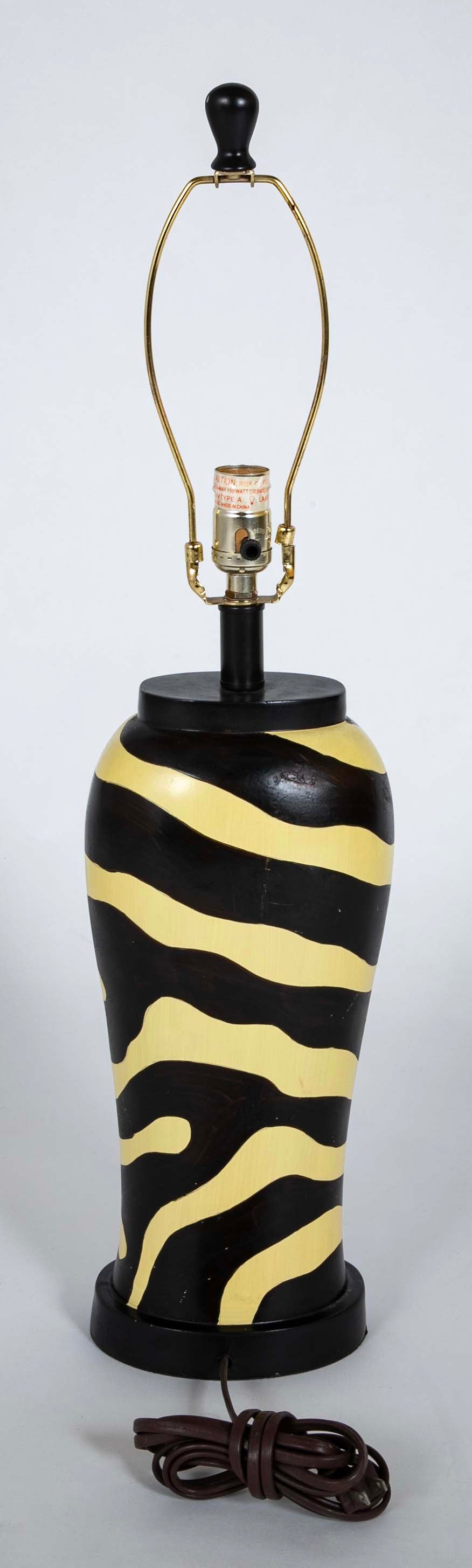 Pair of Mid-Century Zebra Decorated Lamps with Matching Finials