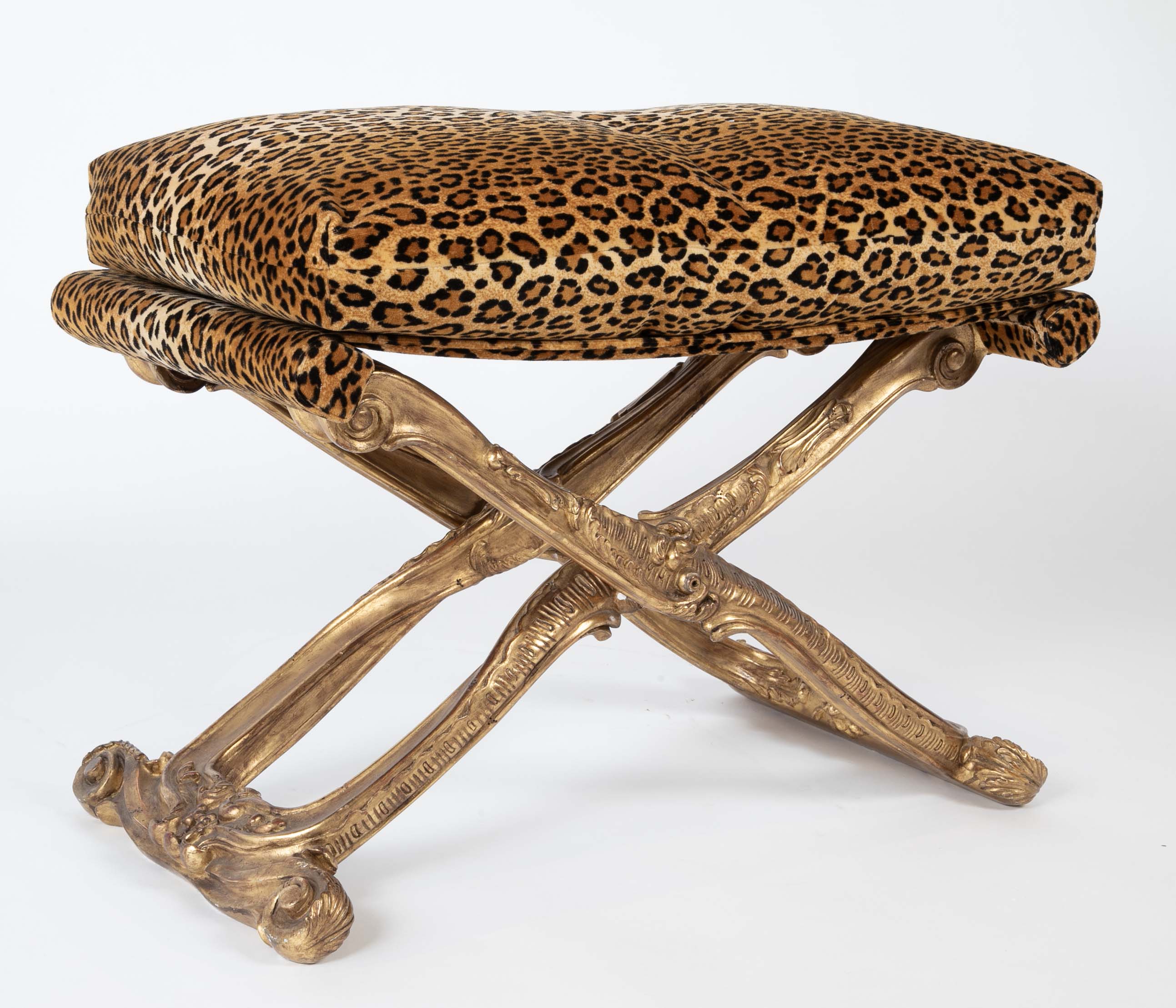 French Versailles Model Giltwood Stool with Leopard Fabric