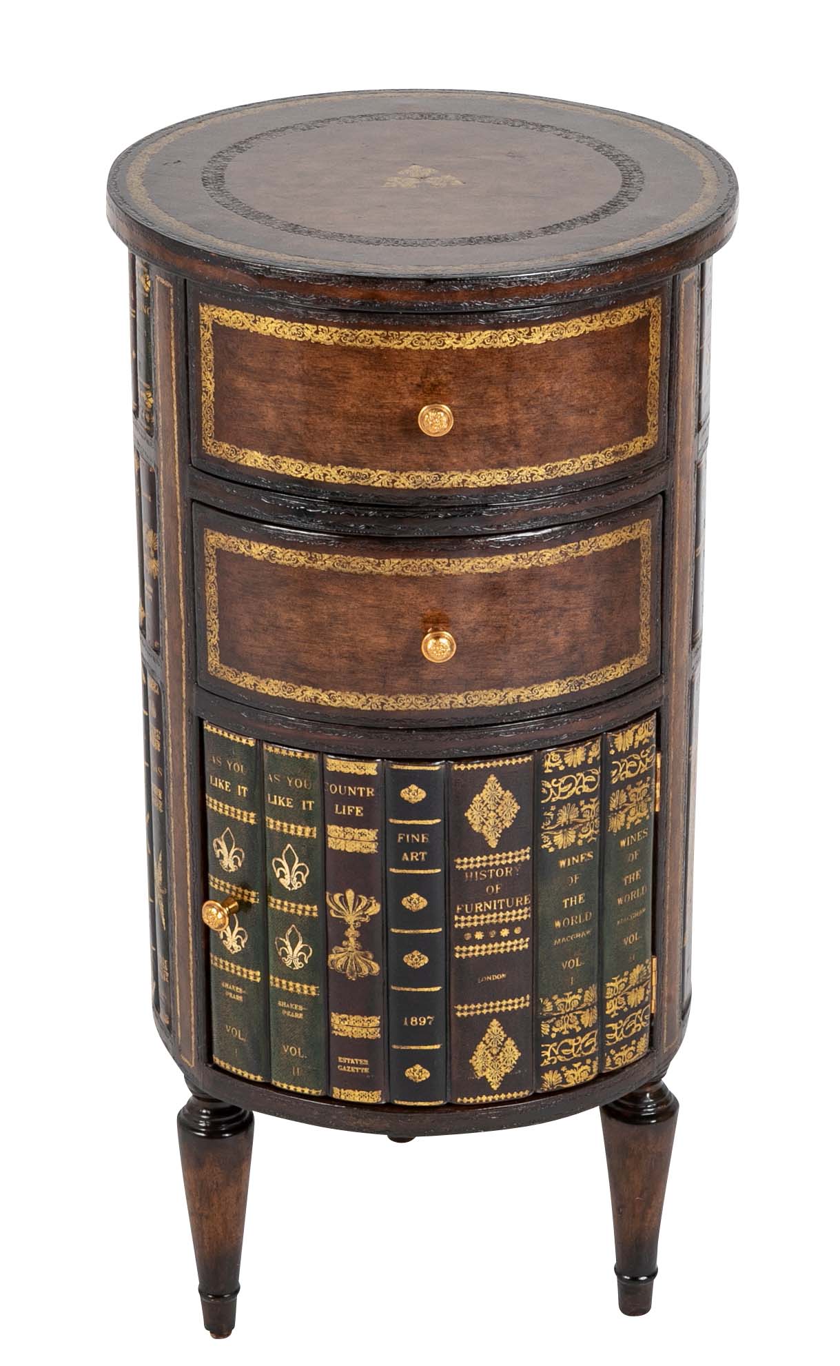 Cylinder Form Leather Faced Side Table with Faux Book Bindings on Drawers and Doors