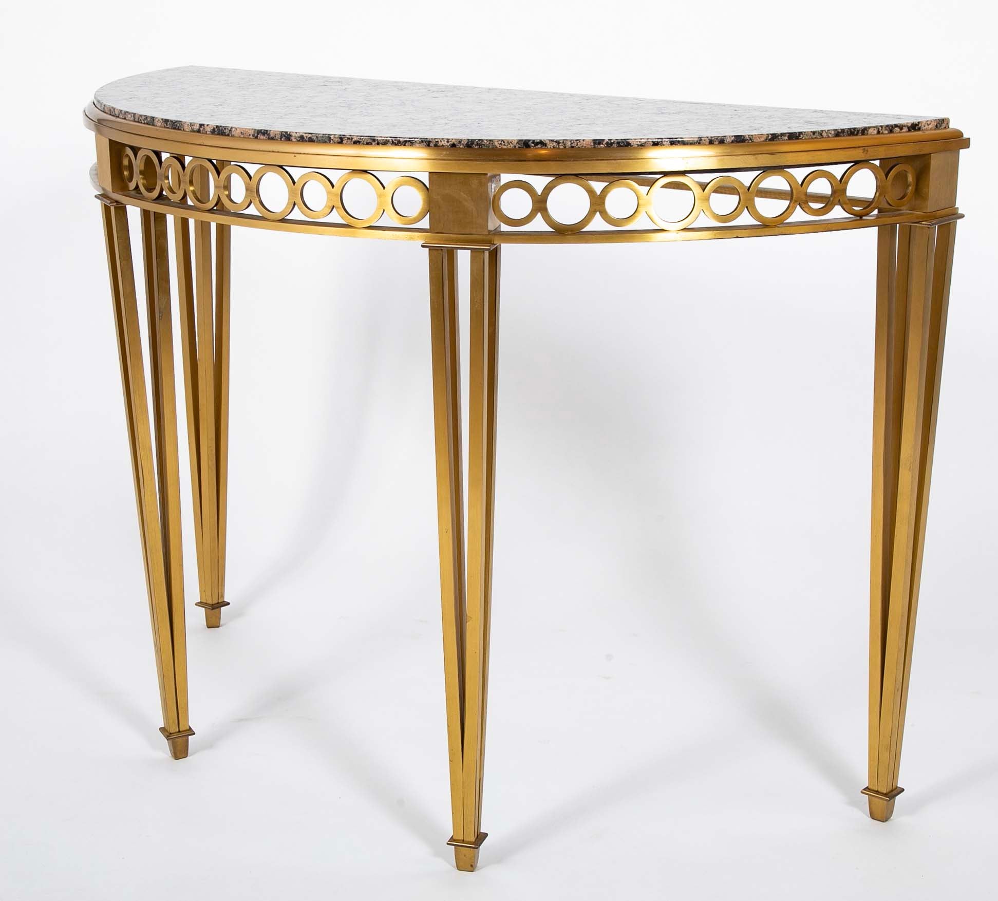Striking Pair of Bronze Consoles with Fossilized Marble Tops