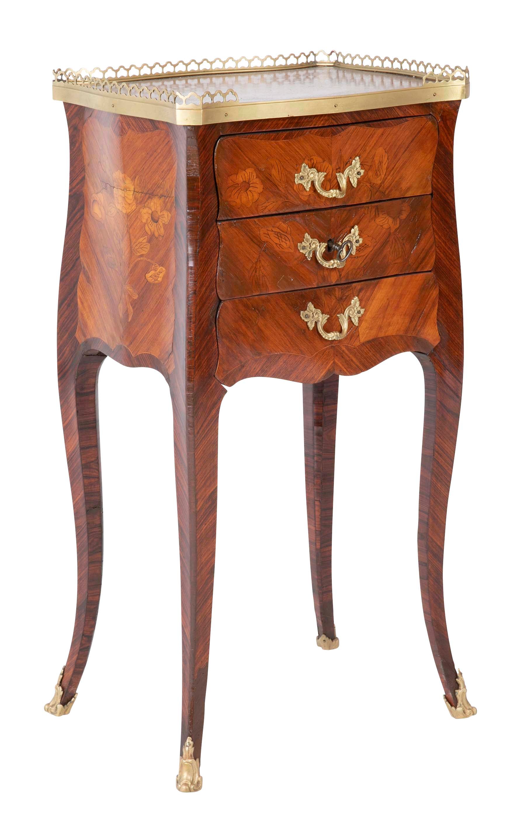 Louis XV Style Petite Commode with Marquetry and Bronze Gallery & Feet