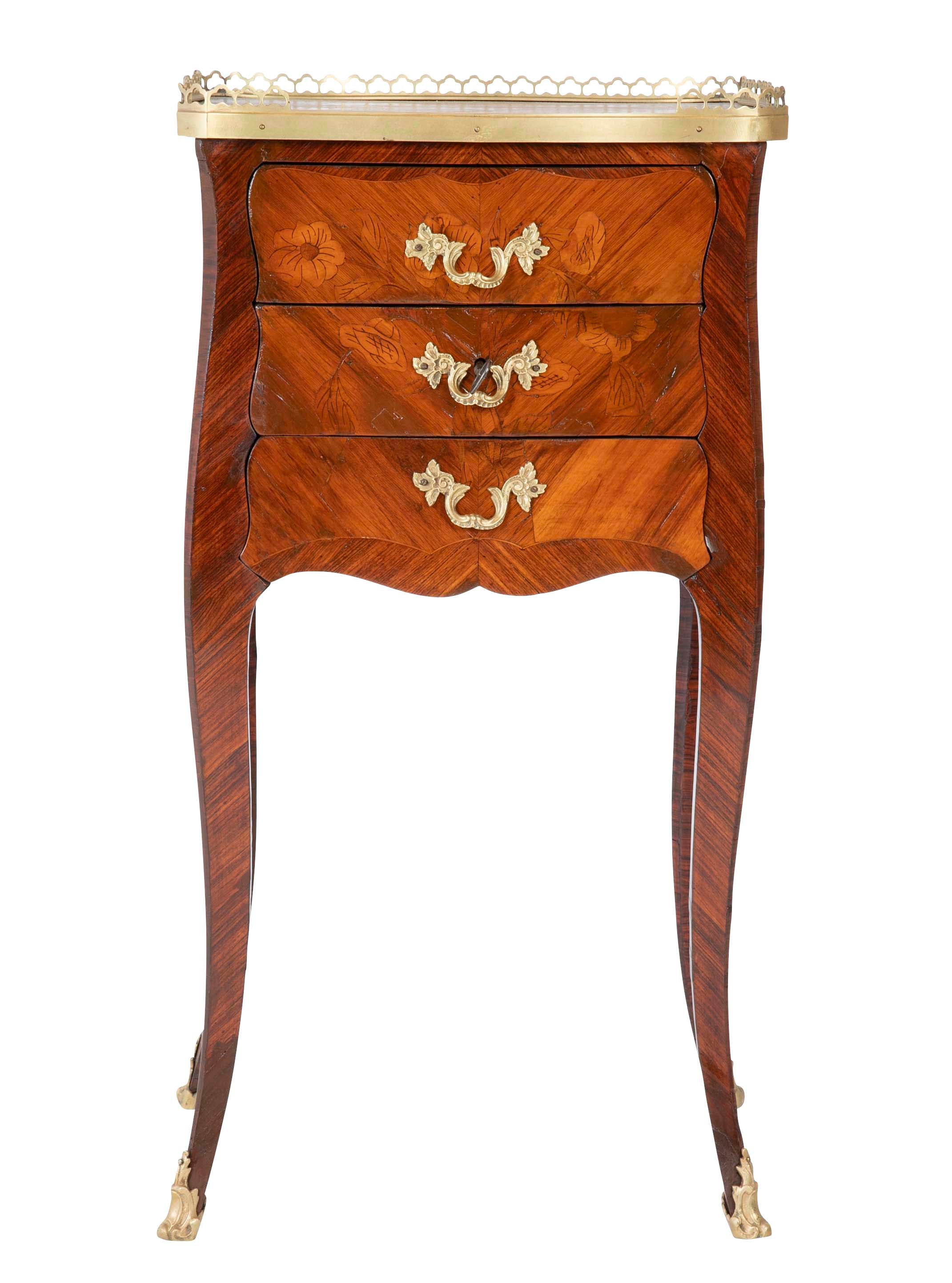 Louis XV Style Petite Commode with Marquetry and Bronze Gallery & Feet