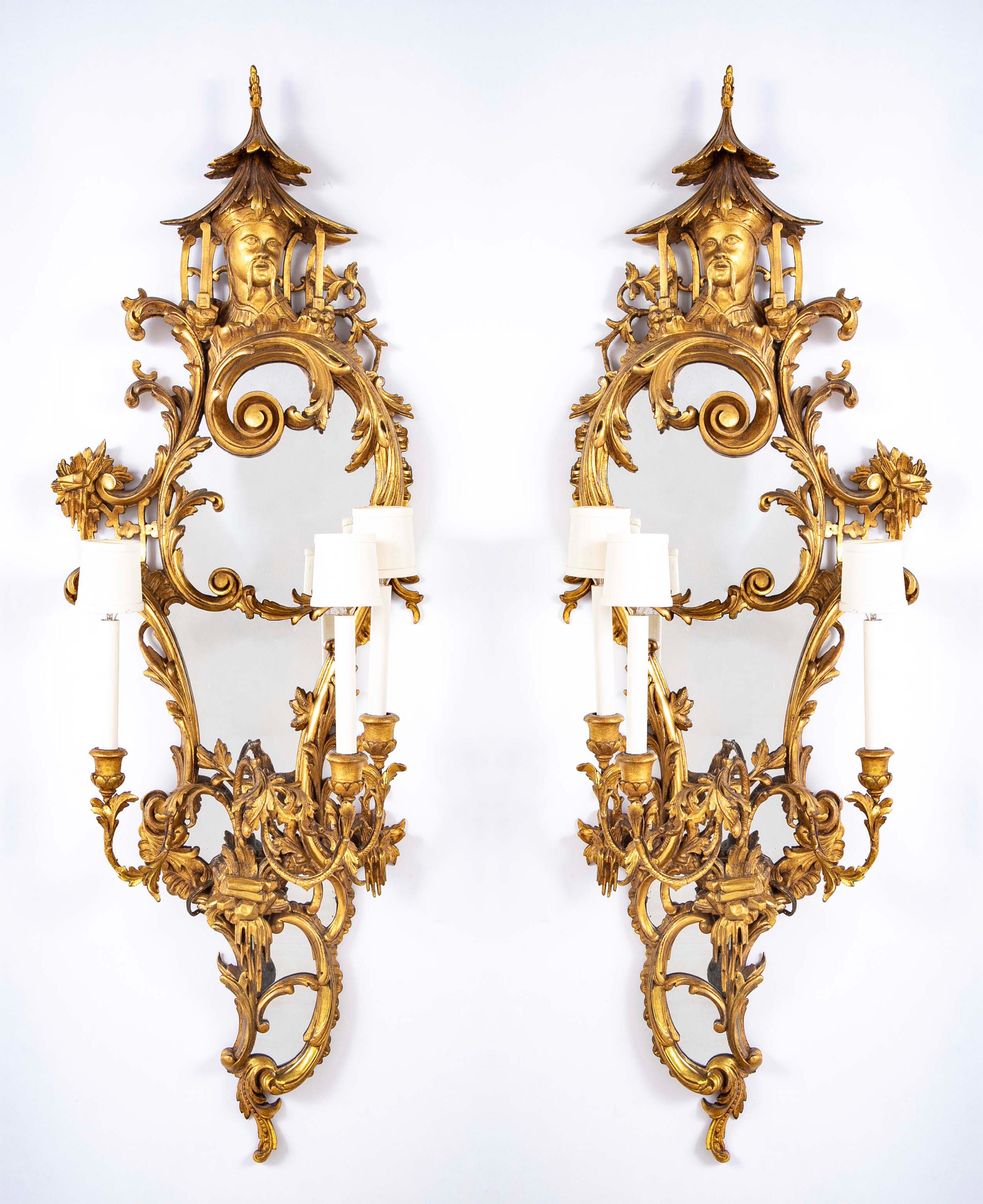 Pair of Gilded Rococo Three Arm English Sconces