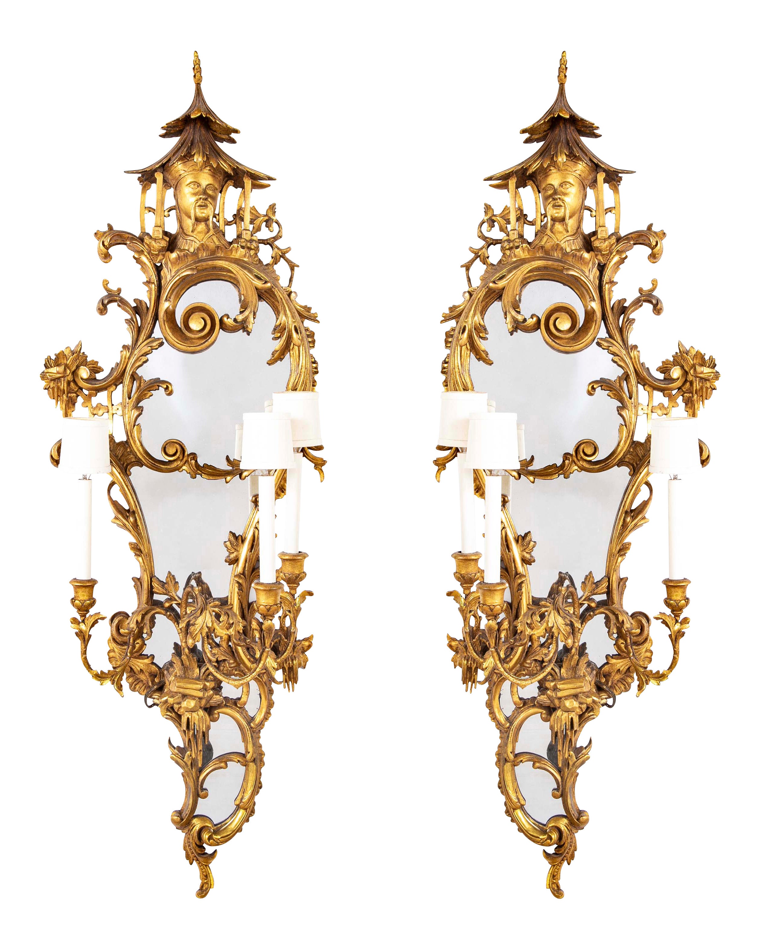 Pair of Gilded Rococo Three Arm English Sconces
