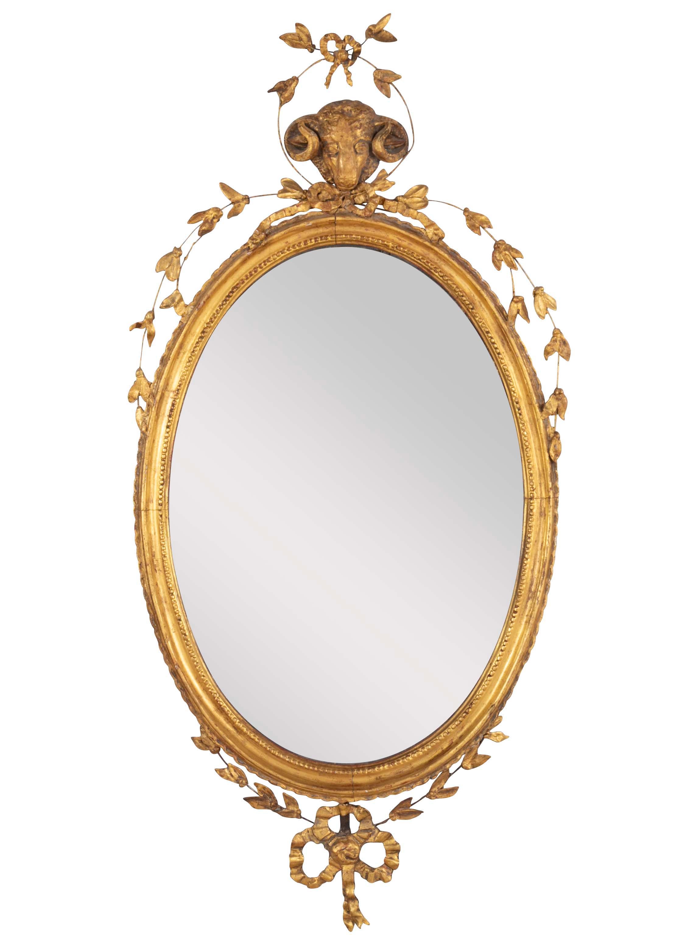 English George III Oval Hepplewhite Gilded Mirror with Ram's Head Surmount