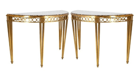 Striking Pair of Bronze Consoles with Fossilized Marble Tops