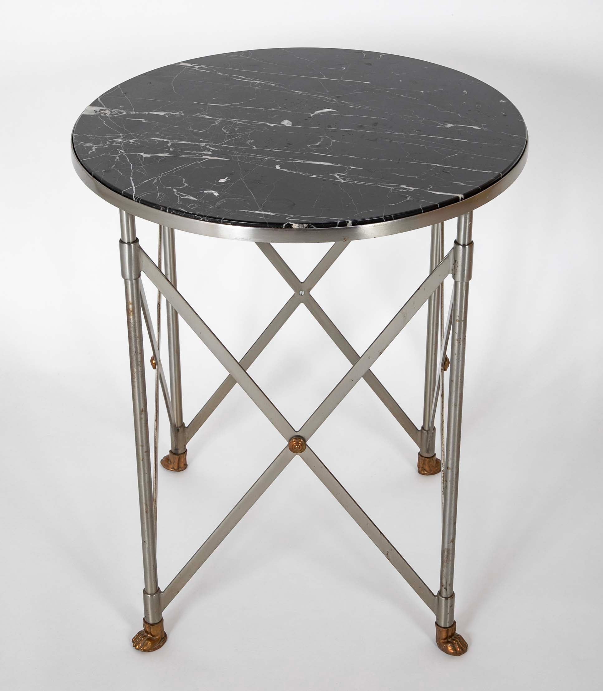 A Pair of Steel & Brass 'X' Form Marble Top Gueridons