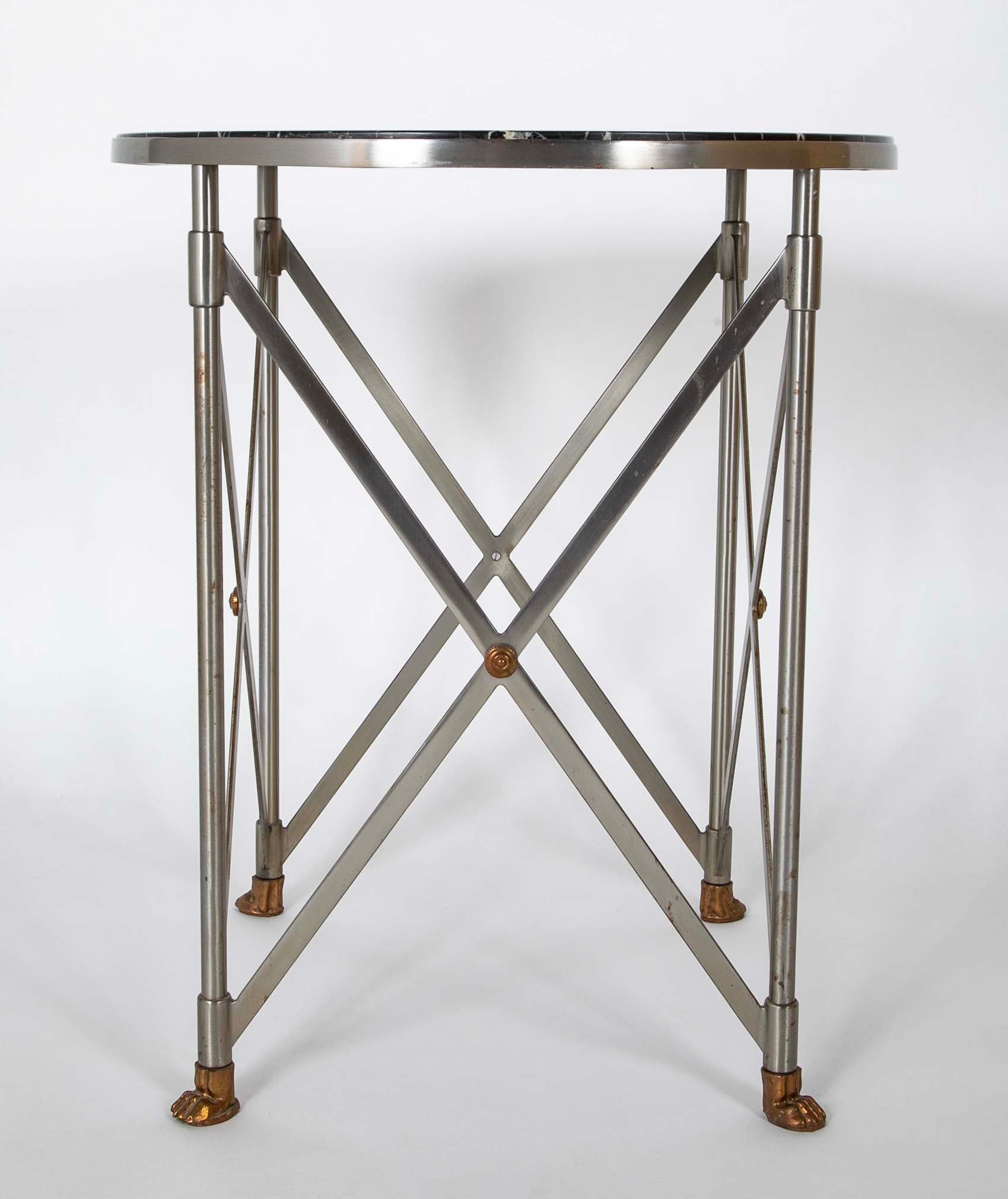 A Pair of Steel & Brass 'X' Form Marble Top Gueridons