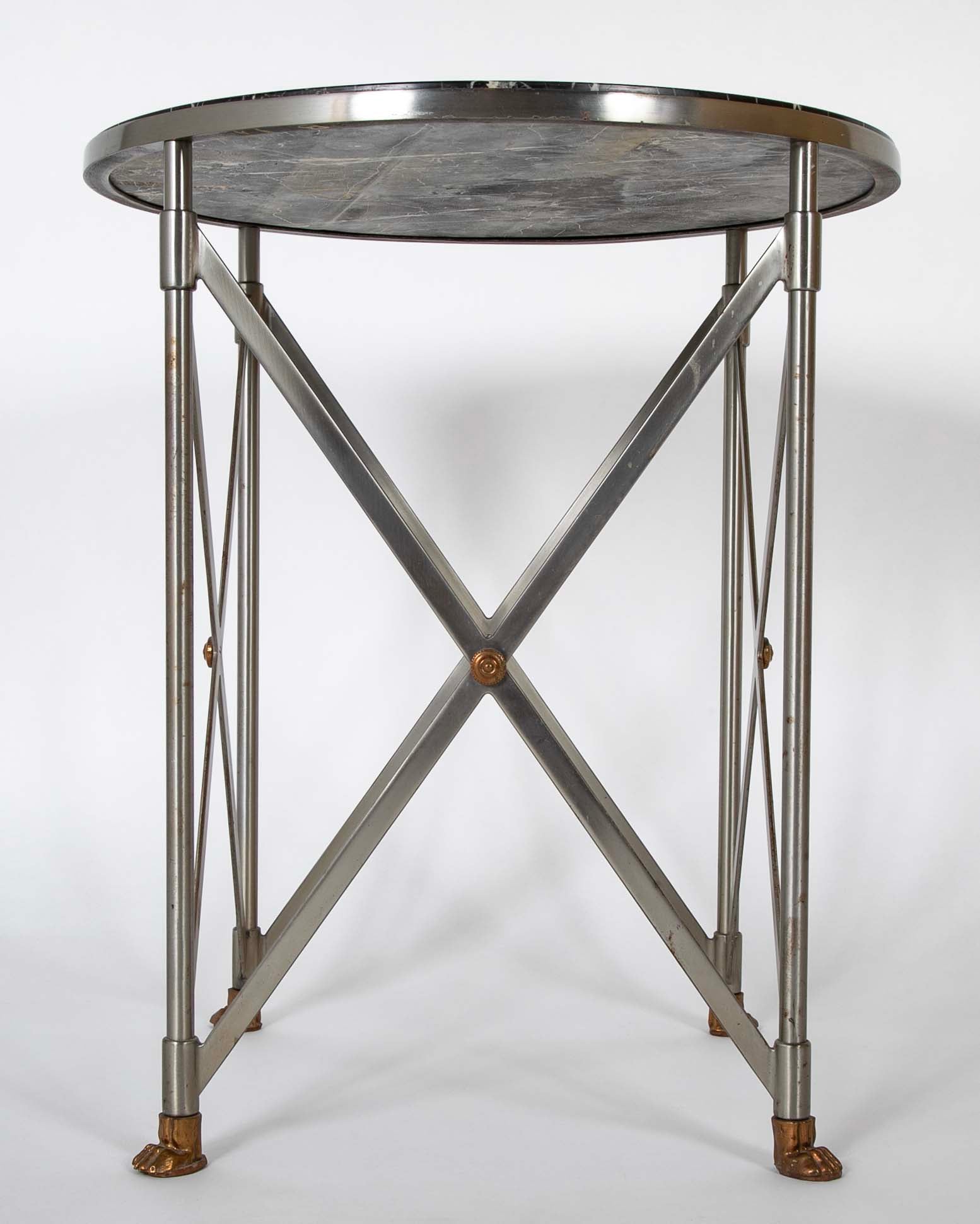 A Pair of Steel & Brass 'X' Form Marble Top Gueridons