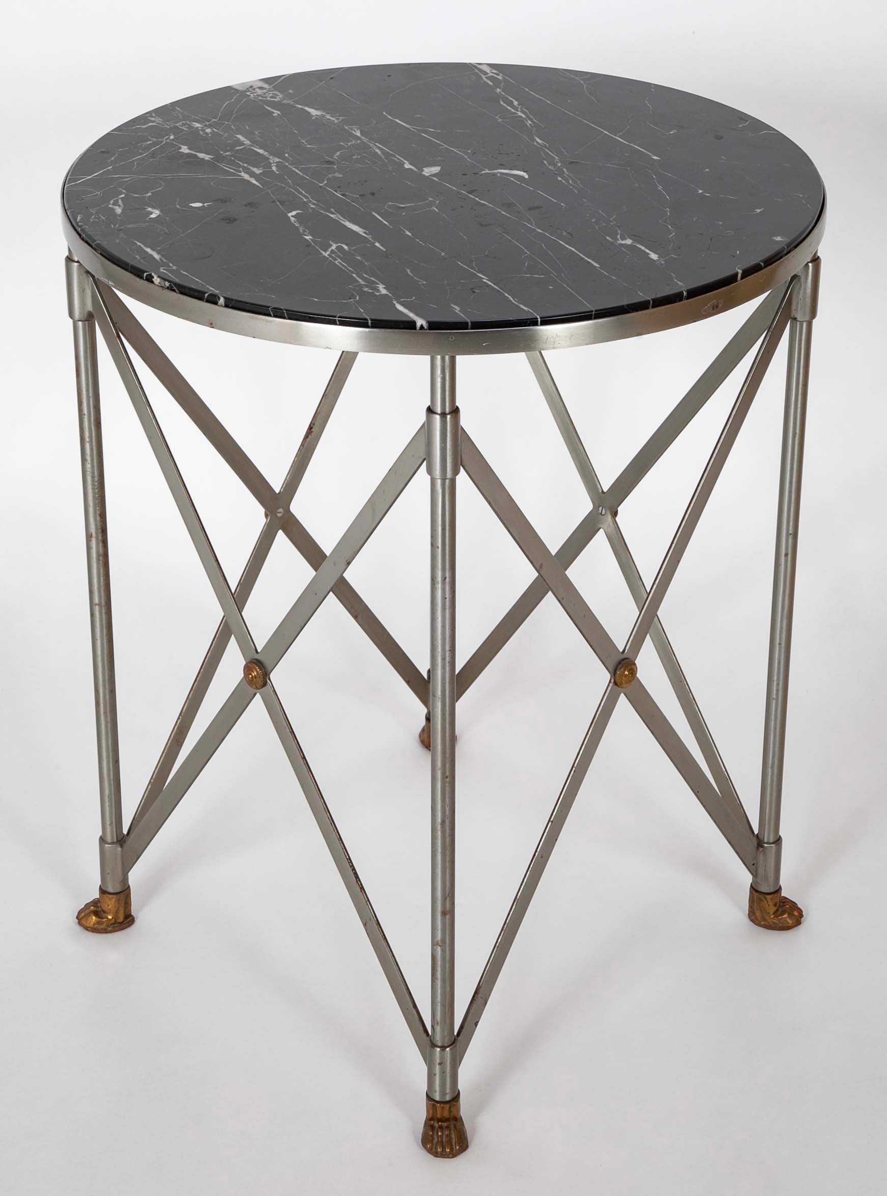 A Pair of Steel & Brass 'X' Form Marble Top Gueridons