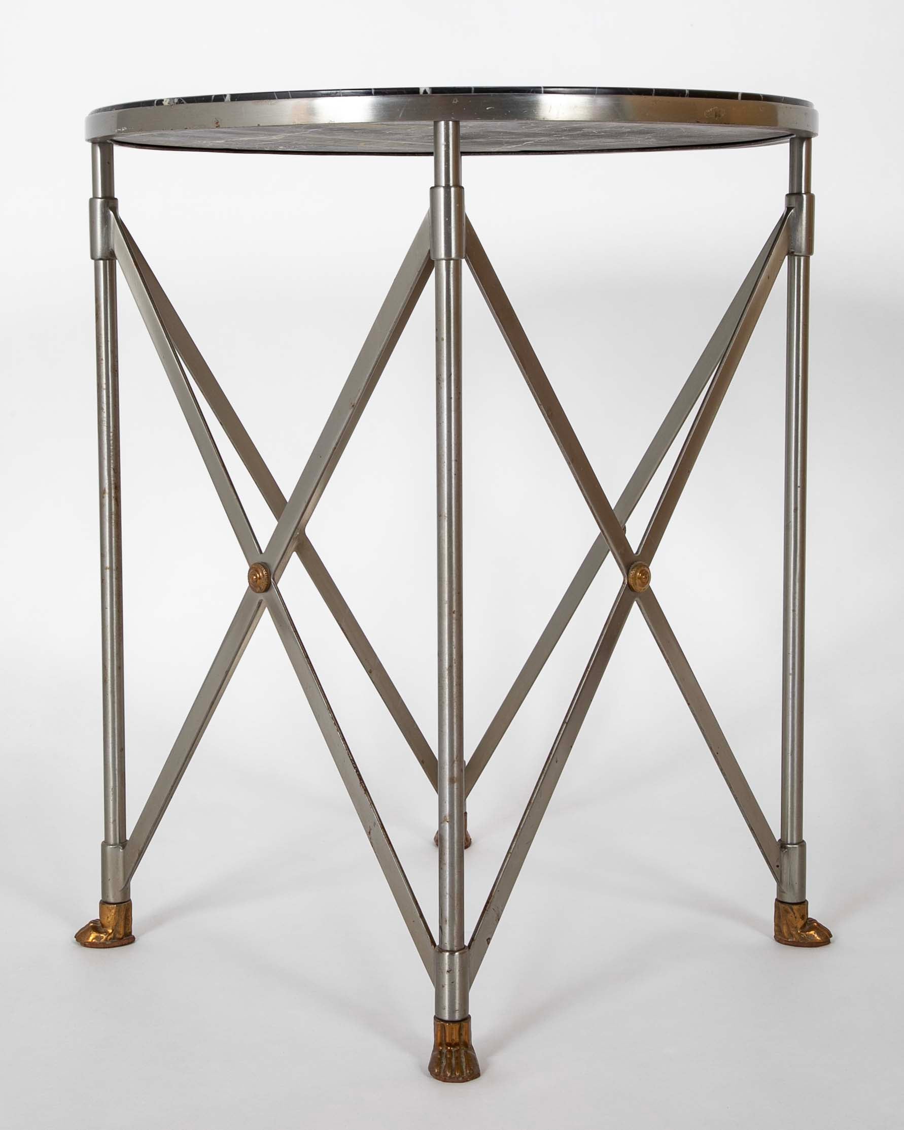A Pair of Steel & Brass 'X' Form Marble Top Gueridons