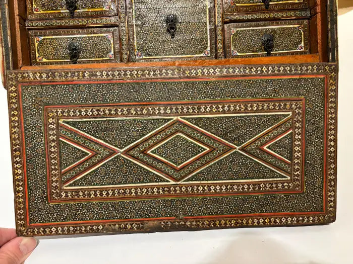 19th Century Anglo Indian Inlaid Mosaic Box With Drop Front and Drawers