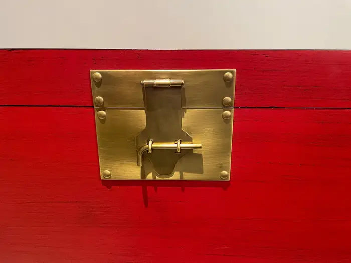 Chinese Red Lacquered Box With Brass Mounts, Mid 20th Century