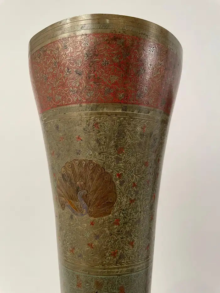 Pair Anglo Indian Etched Colored Brass Vases with Peacocks