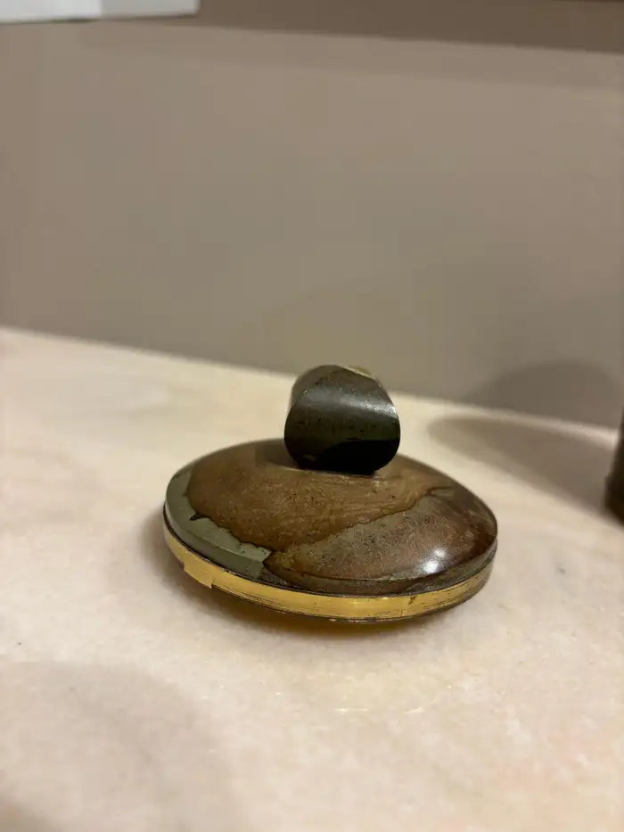 Italian Agate Hard Stone Round Box with Lid and Brass Mounts