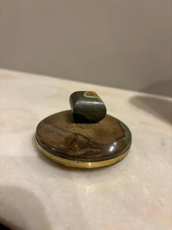 Italian Agate Hard Stone Round Box with Lid and Brass Mounts