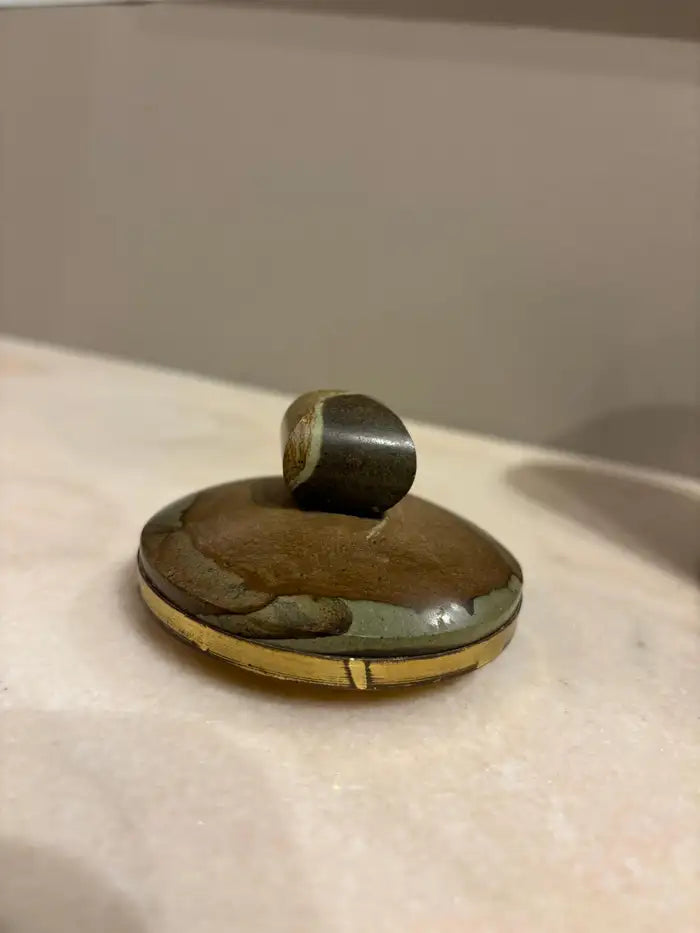 Italian Agate Hard Stone Round Box with Lid and Brass Mounts