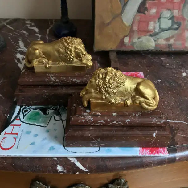 Pair of Late 19th Century Italian Gilt Bronze Lions after Antonio Canova
