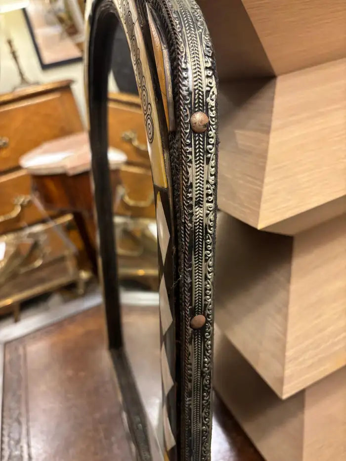 Early 20th Century Moorish Style Moroccan Incised Bone Mirror with Brass Border