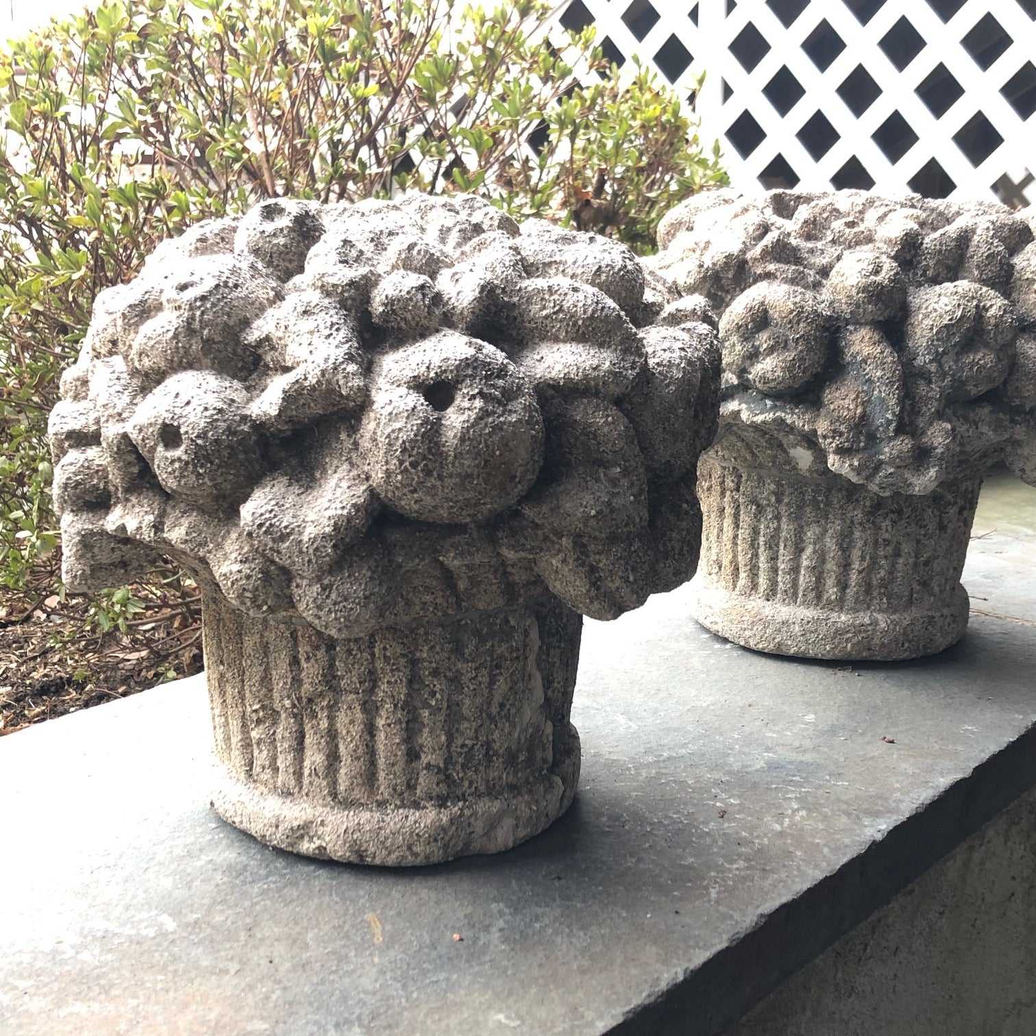 Pair of Early 20th Century English Composition Stone Fruit Basket Garden Ornaments