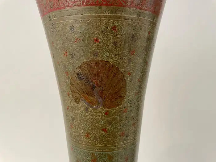 Pair Anglo Indian Etched Colored Brass Vases with Peacocks