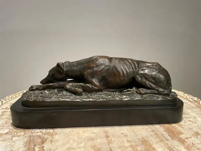 19th Century French Bronze Reclining Greyhound by Christopher Fratin, 1801-1864