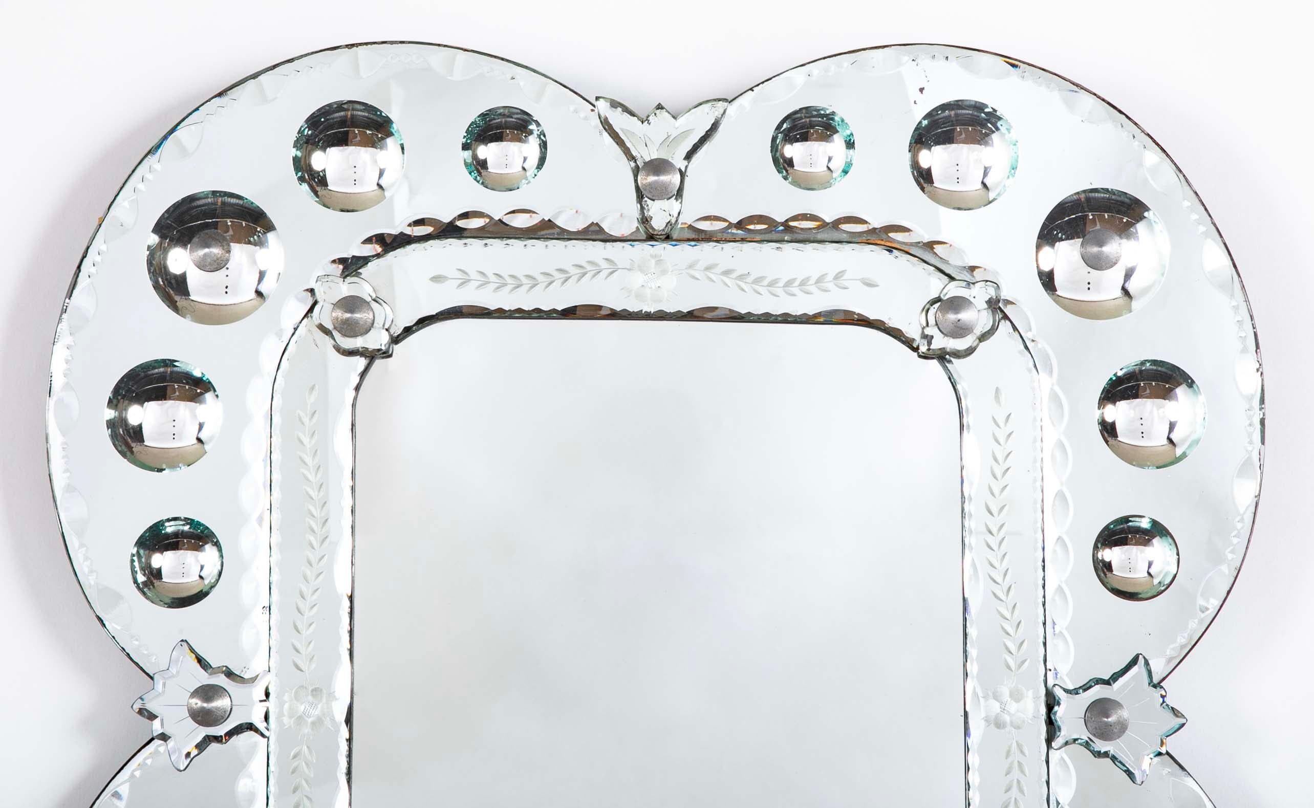 Mid 20th Century Venetian Mirror with Convex and Etched Glass Decoration