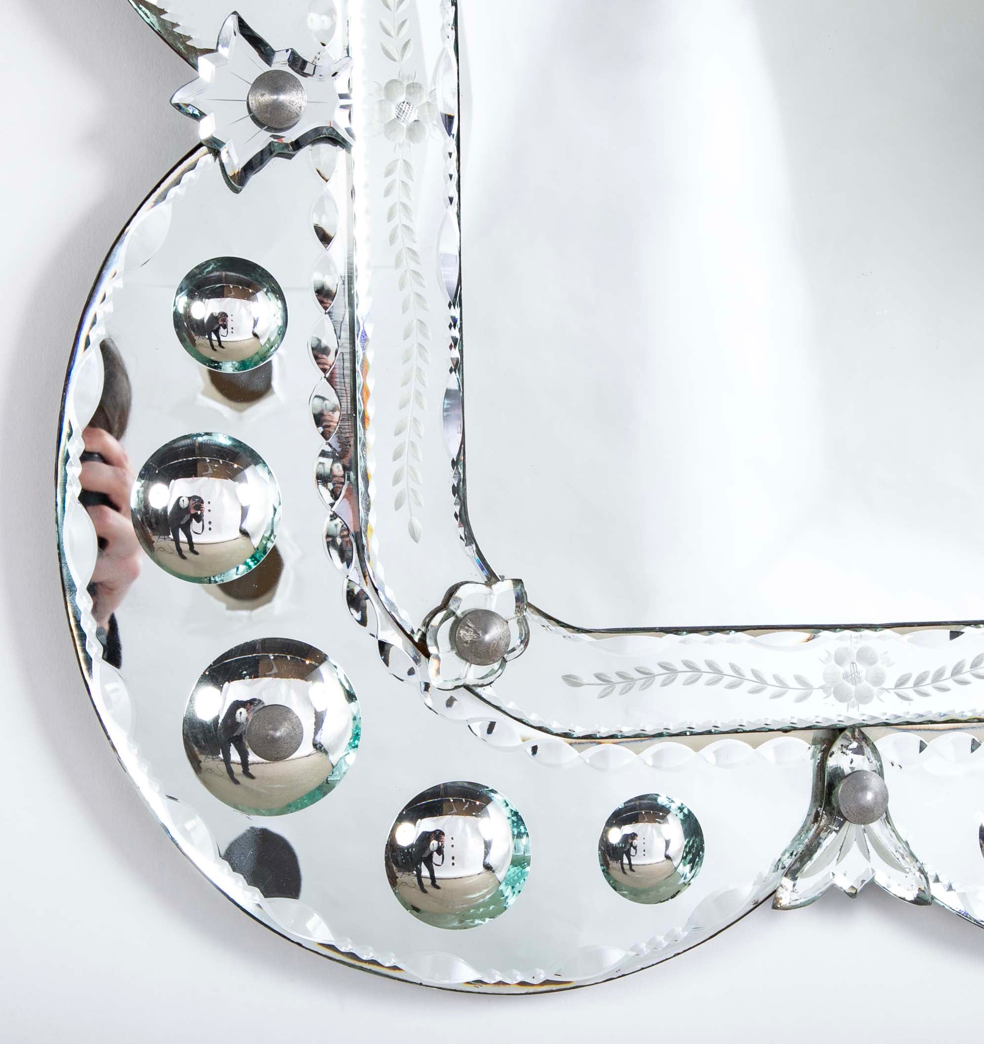 Mid 20th Century Venetian Mirror with Convex and Etched Glass Decoration