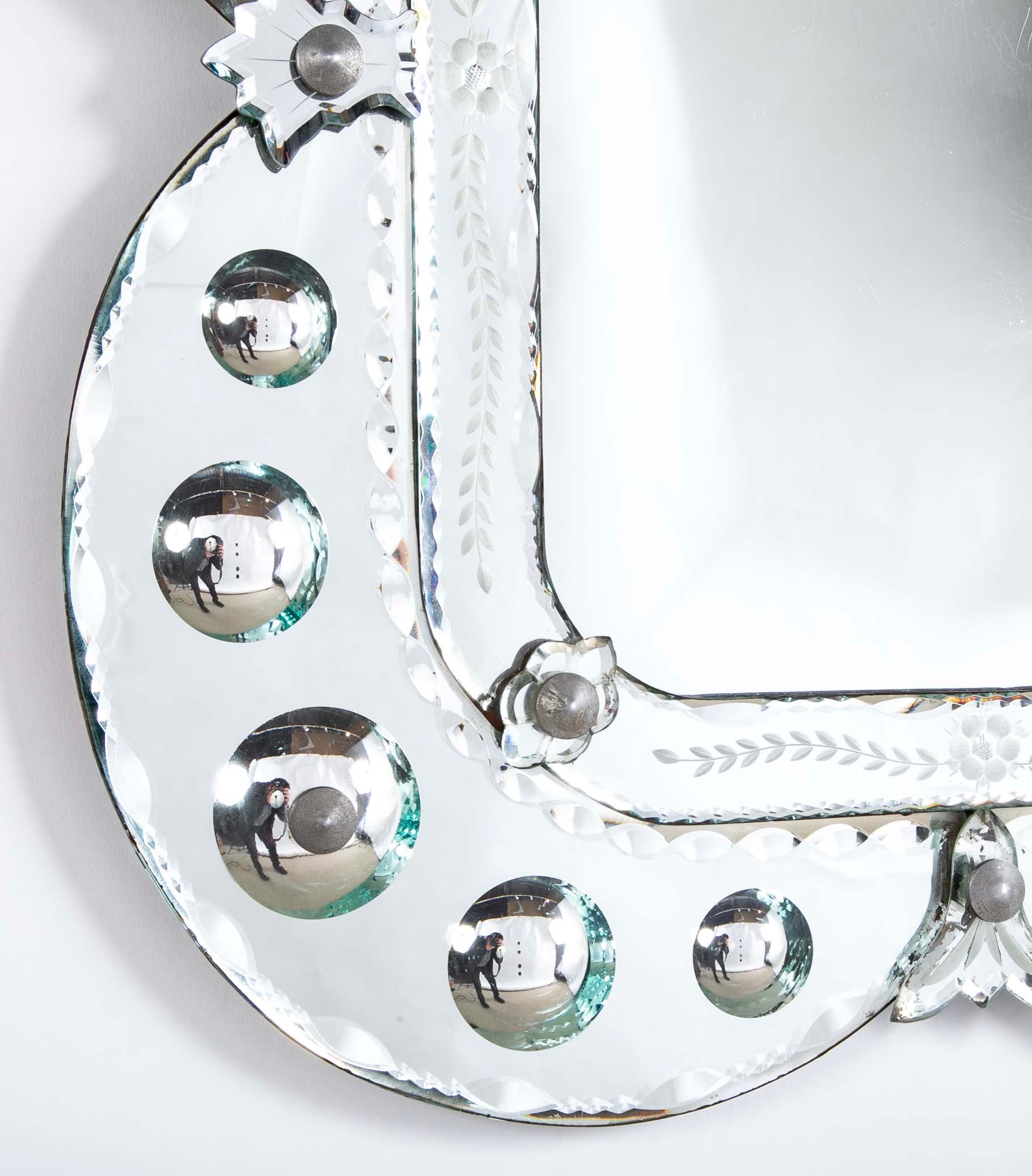 Mid 20th Century Venetian Mirror with Convex and Etched Glass Decoration