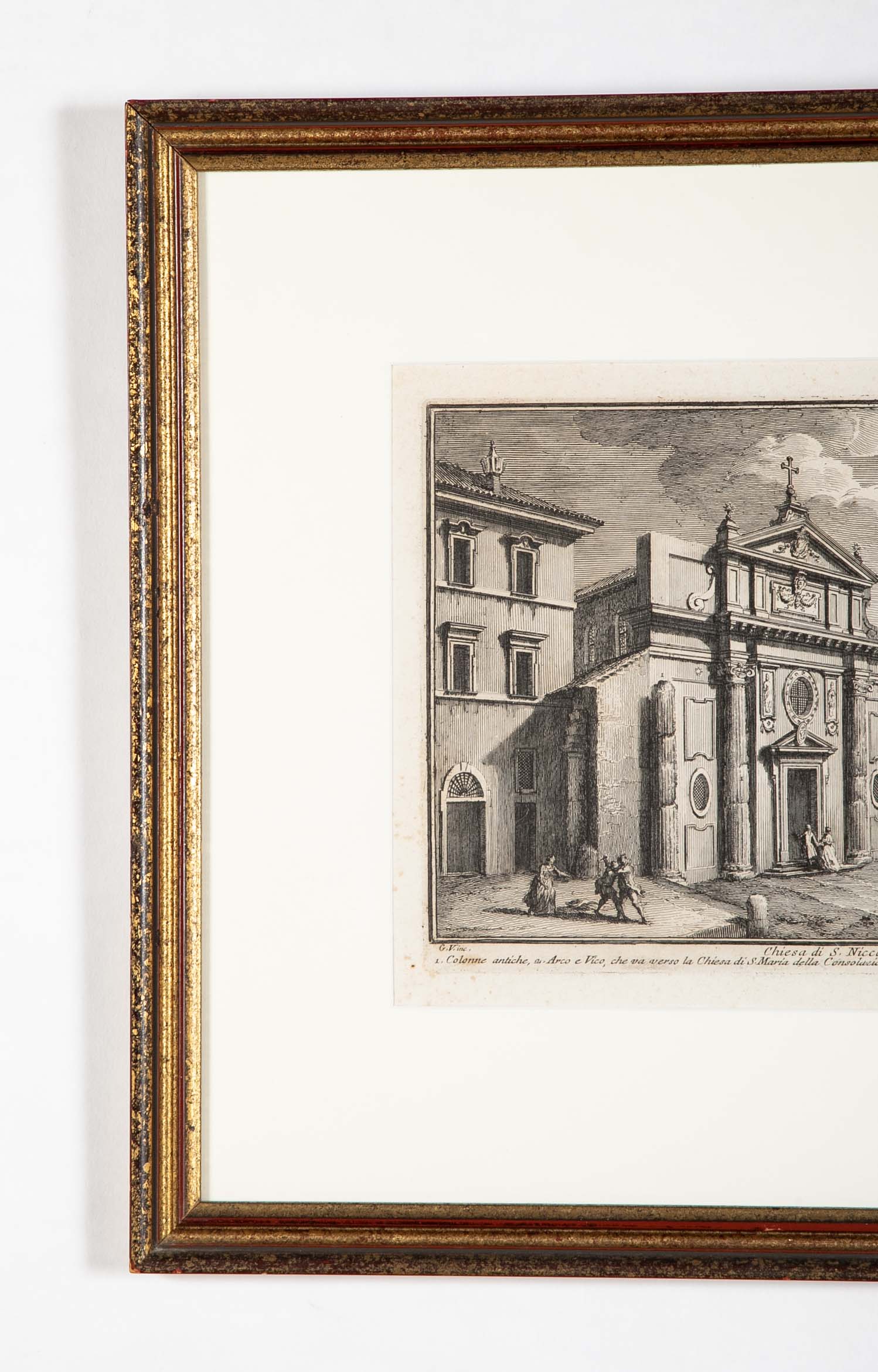 Pair 18th Century Framed Italian Etchings of Churches in Rome by Guiseppe Vasi